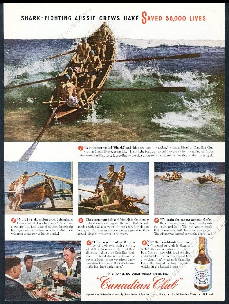 1947 Australia Manly Beach lifeguard boat photo Canadian Club Whisky print ad