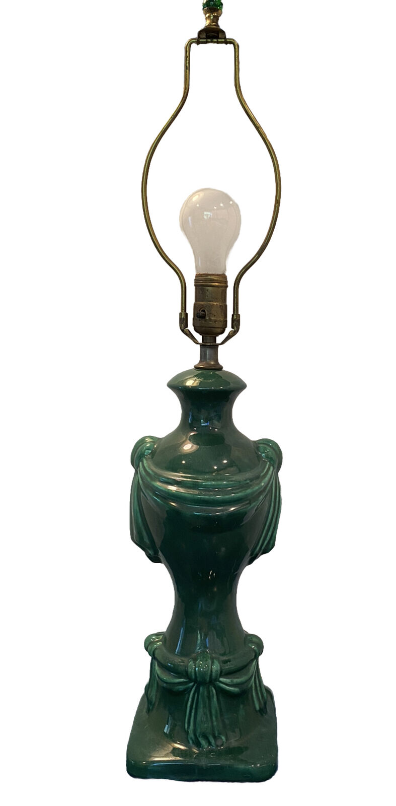 Mid Century Modern Green Glazed Ceramic Lamp Draped Design W/green Glass Finial
