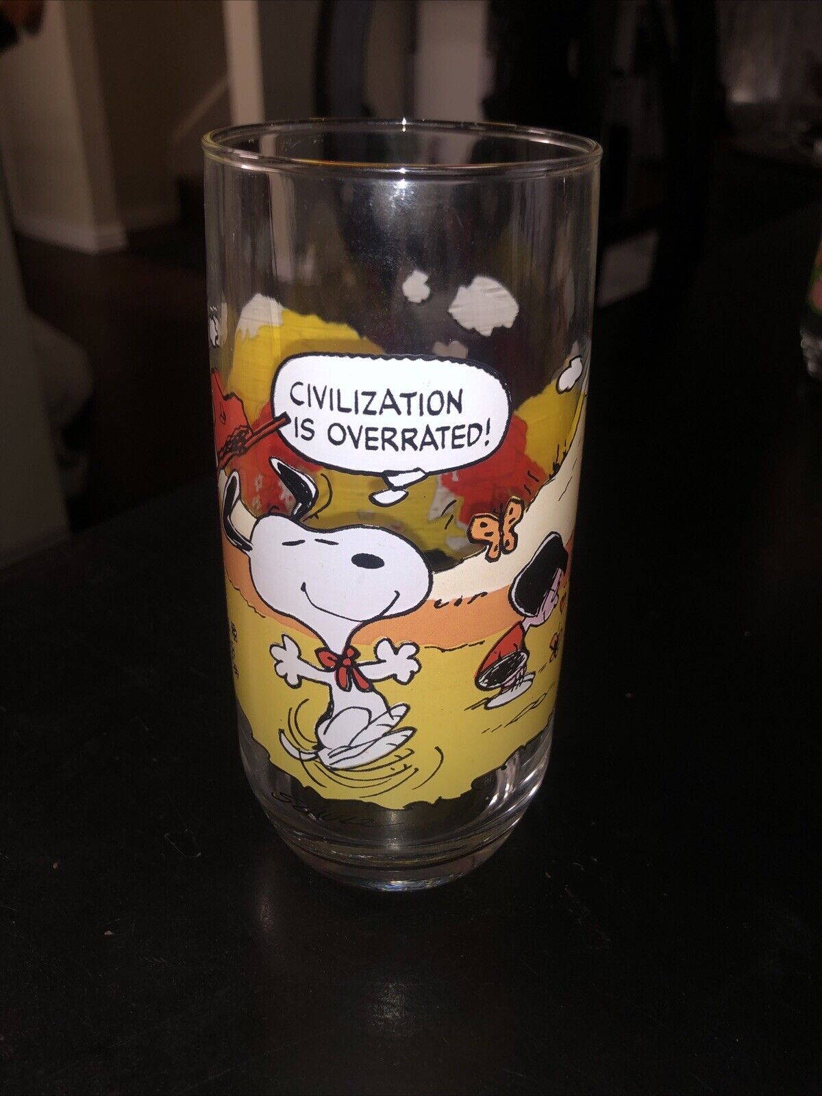Vintage 1971 Peanuts Camp Snoopy “Civilization is Overrated” McDonald’s Glass