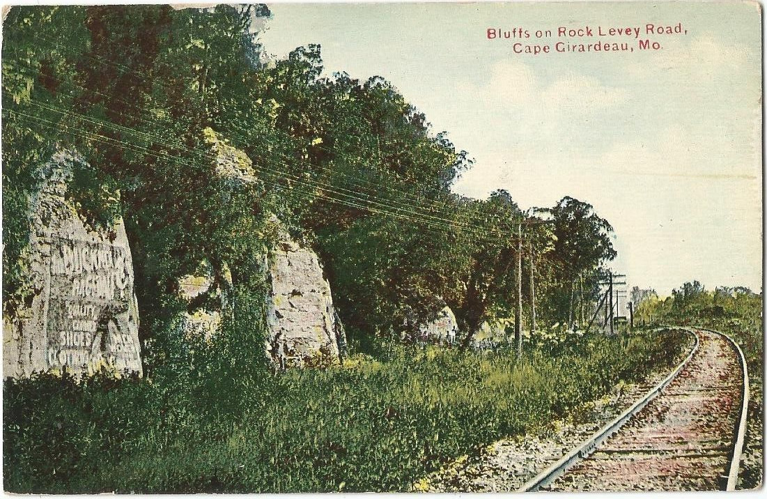 Cape Girardeau, MO Missouri old Postcard, Bluffs on Rock Levee Road, Train Track