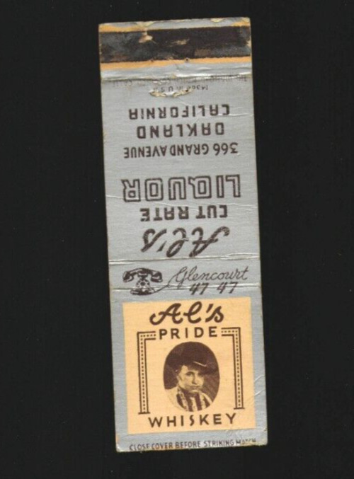 1940s Al's Pride Whiskey Cut Rate Liquour Oakland California CA Matchbook Cover