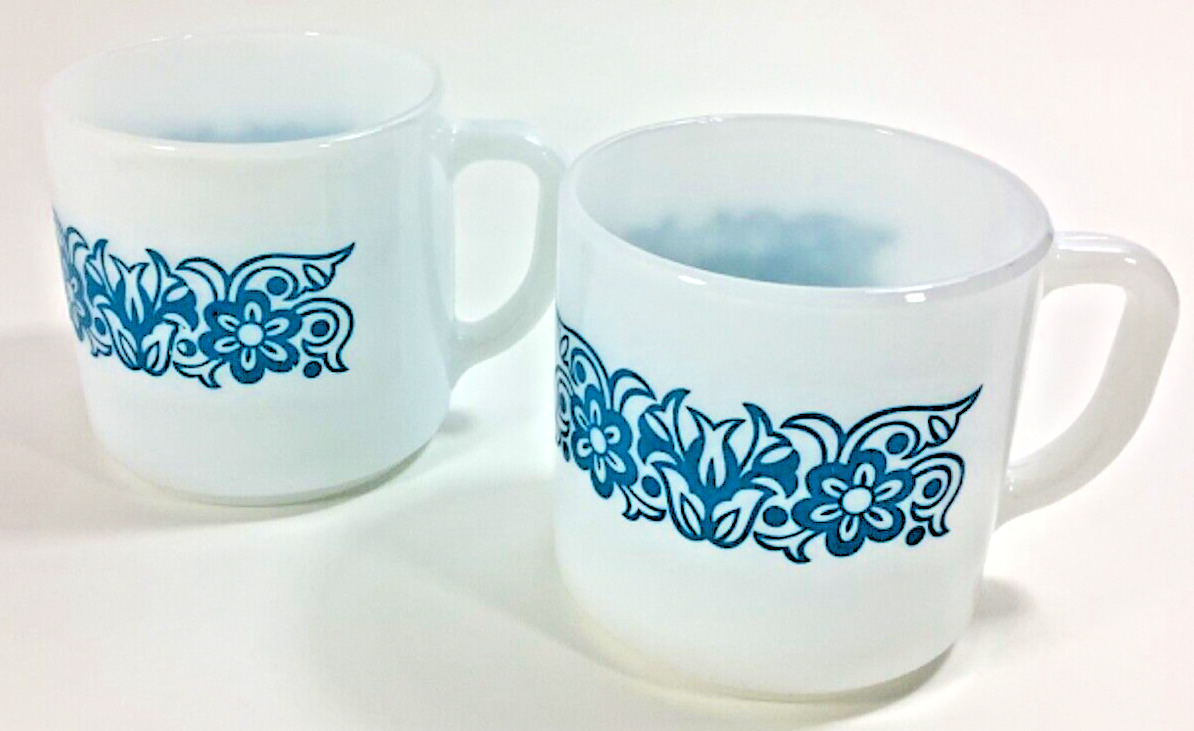 TWO Vtg. Milk Glass Federal Blue Tulip Stackable Mugs Coffee Rare USA Blue Mugs
