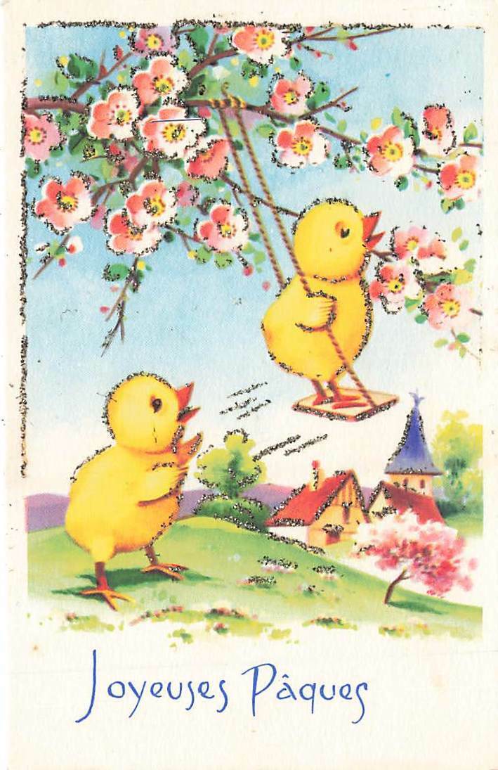 Anthropomorphic Chicks Playing Play On Swing Flowers Mica Glitter Vintage P156