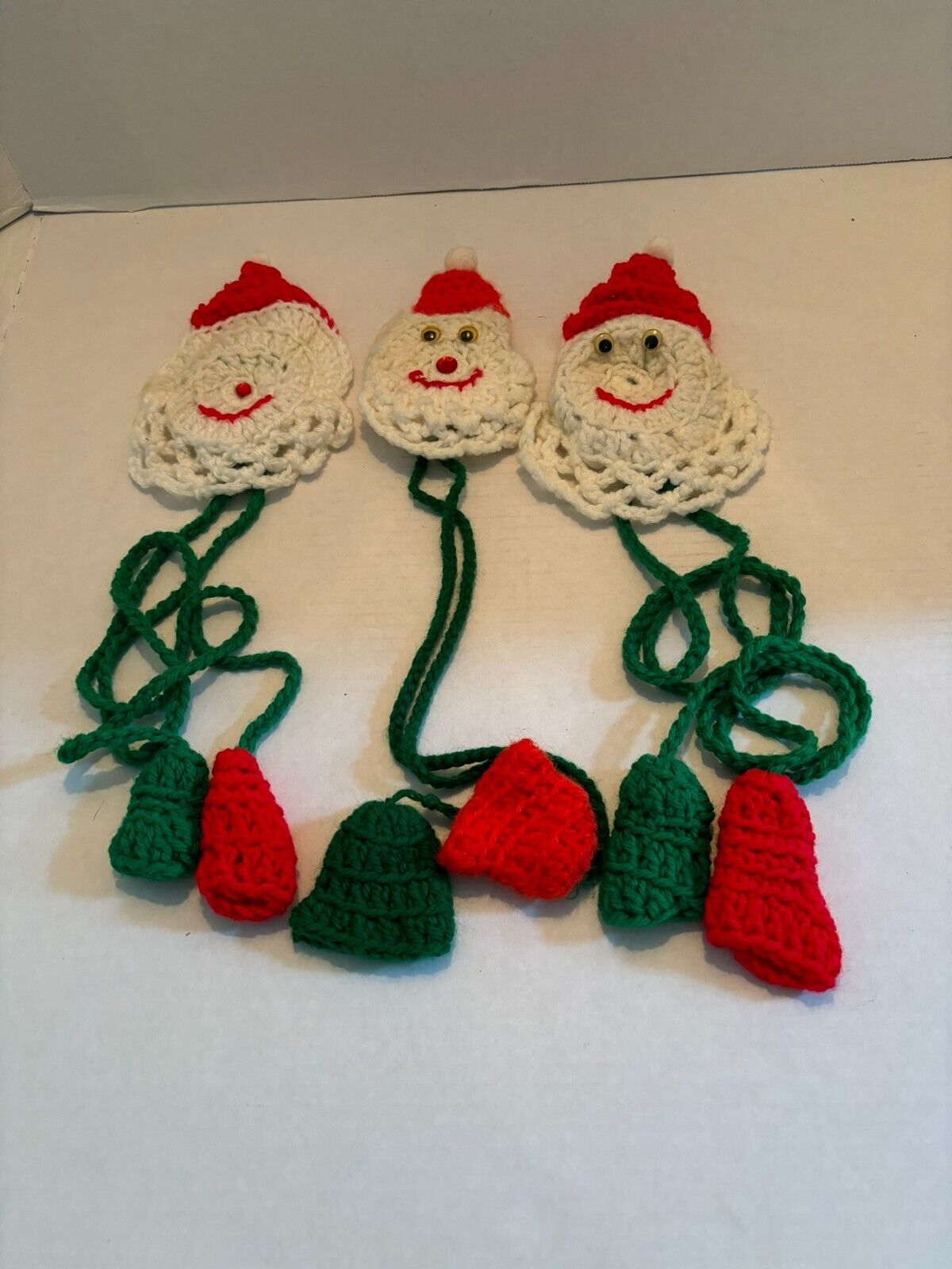 Set of 3 Vintage Crochet Santa Head with Hanging Bells
