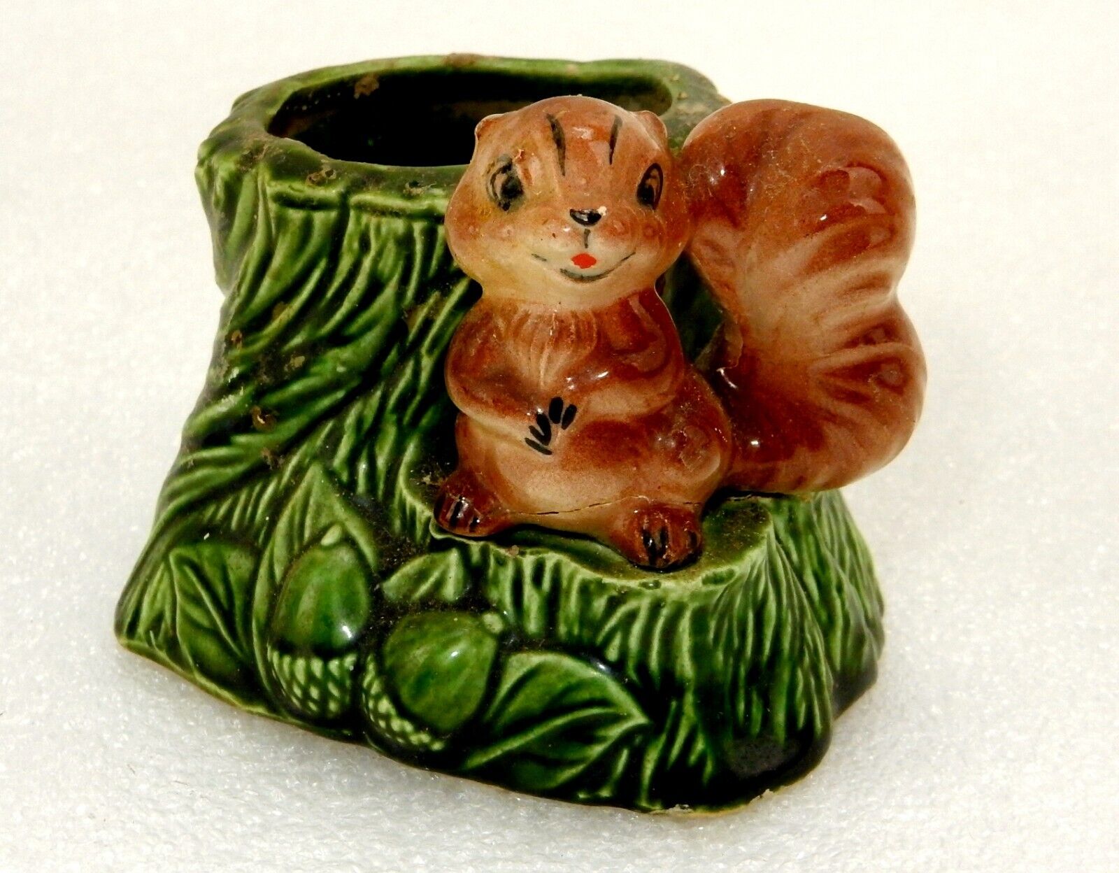 Porcelain Figurine Planter, Brown Squirrel on Green Tree Stump, Vintage