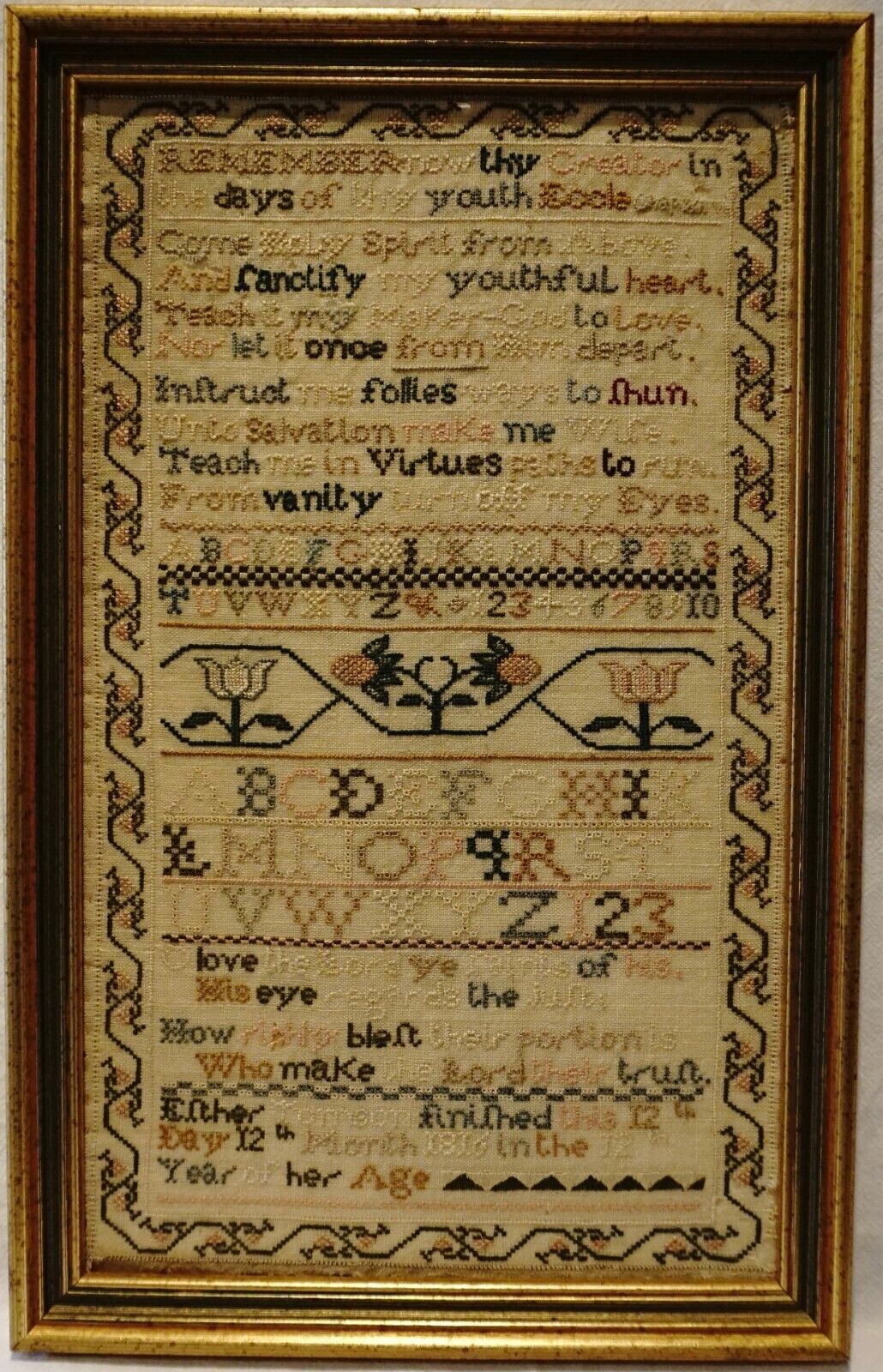 SMALL EARLY 19TH CENTURY VERSE & ALPHABET SAMPLER BY ESTHER TOMSON - 1816