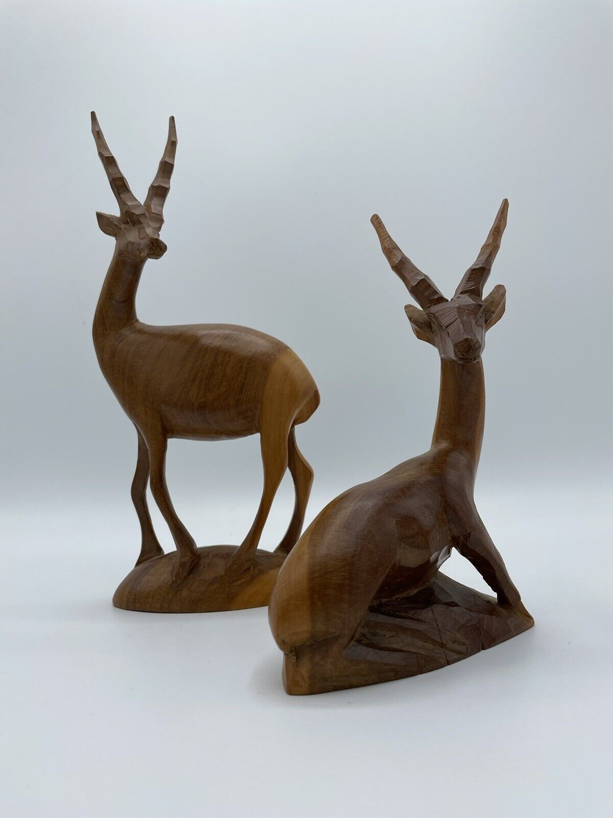 Vtg. Gazelle Antelope Sculpture Figure Hand Carved in Kenya. 8 1/2in & 6 1/2in.