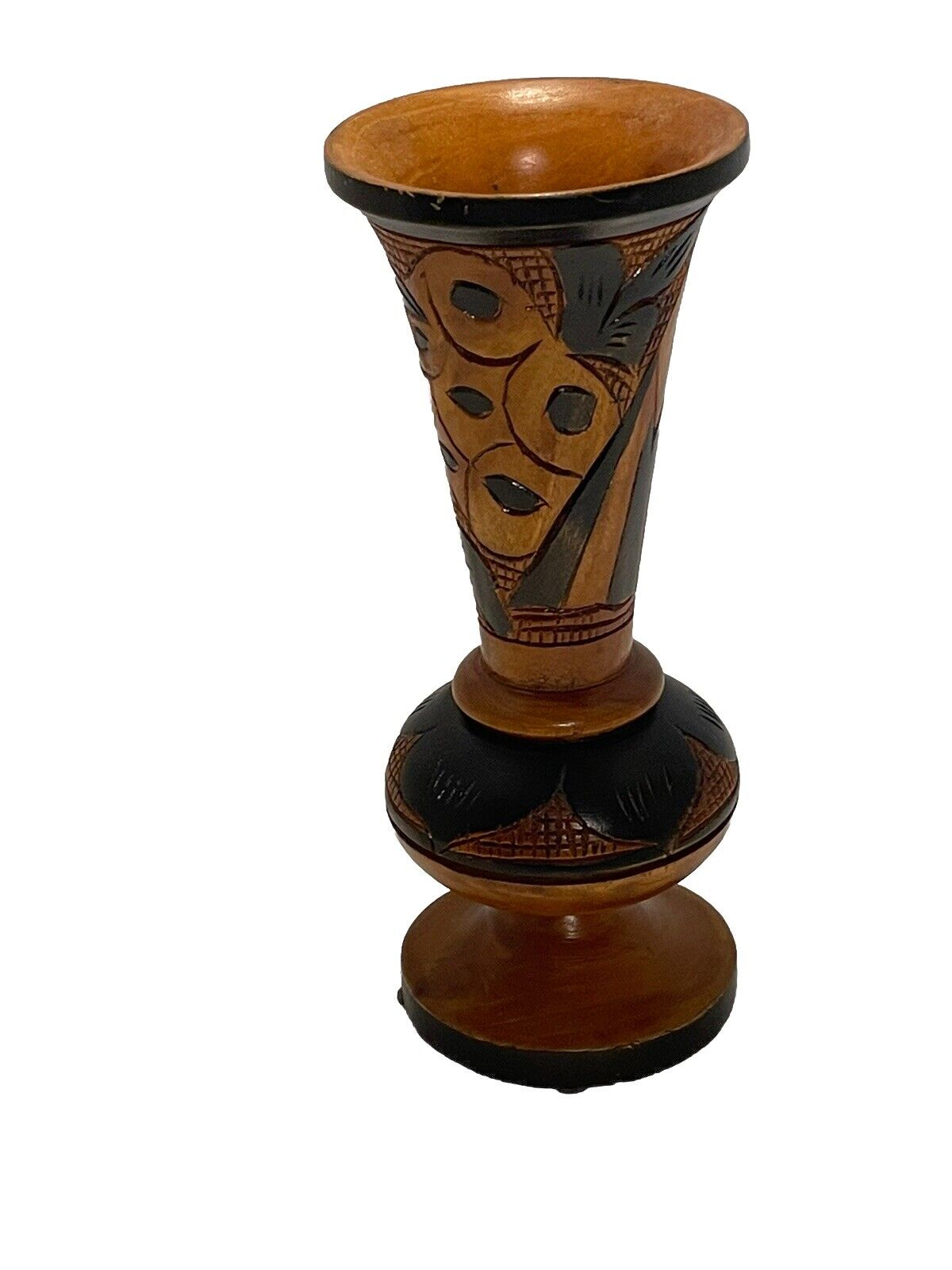 Vintage Wood Hand Carved Vase Leaves And A Bird 9.5