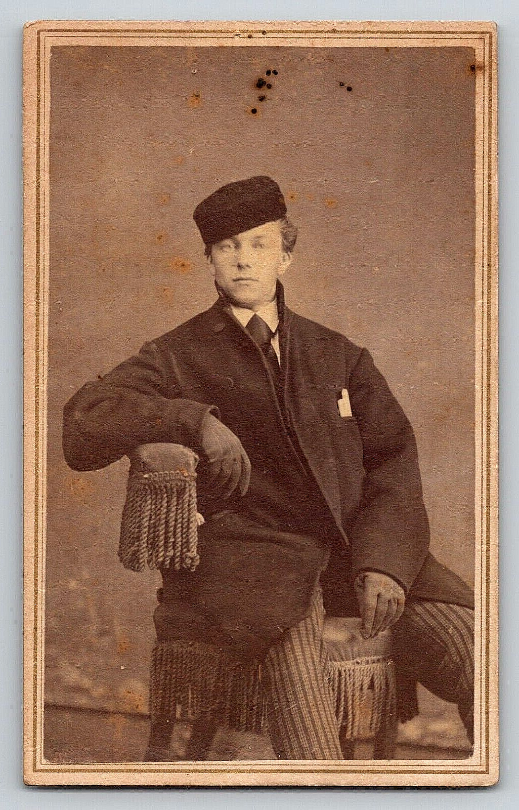 Original Old Genuine Vintage Photo CDV Gentleman Chair Coat Tie Hat Gloves