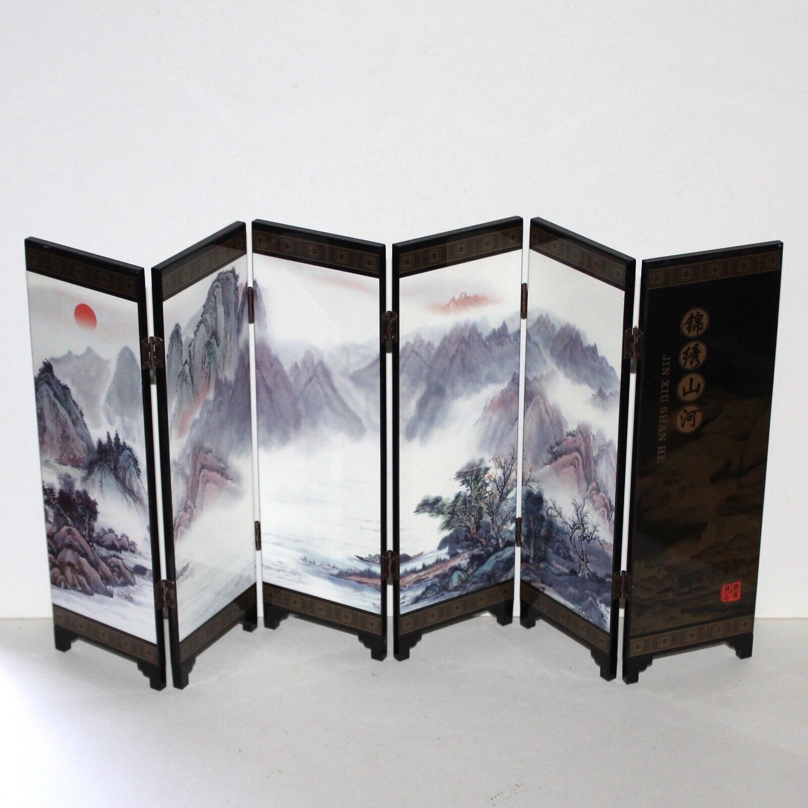 Jin Xiu Shan He small Chinese 6 panel screen divider lacquer decor asian
