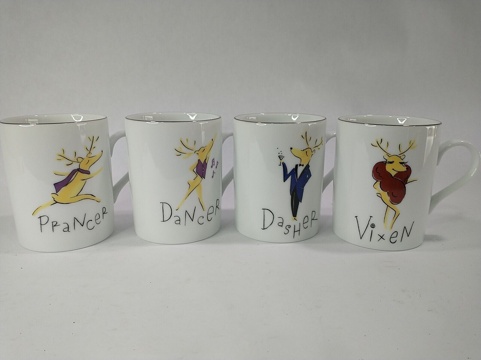 Pottery Barn Reindeer Coffee Mugs Prancer, Dasher, Dancer, Vixen Set of 4 NWOB