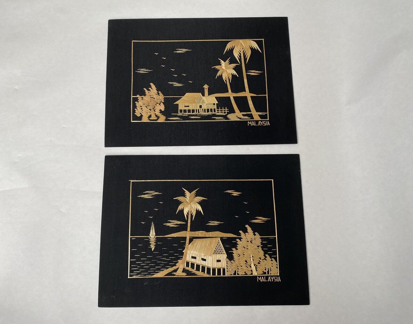 Vintage Set Of Asian BAMBOO STRAW ART Malaysia Beach Sail Boat Palm Trees 11 x 8