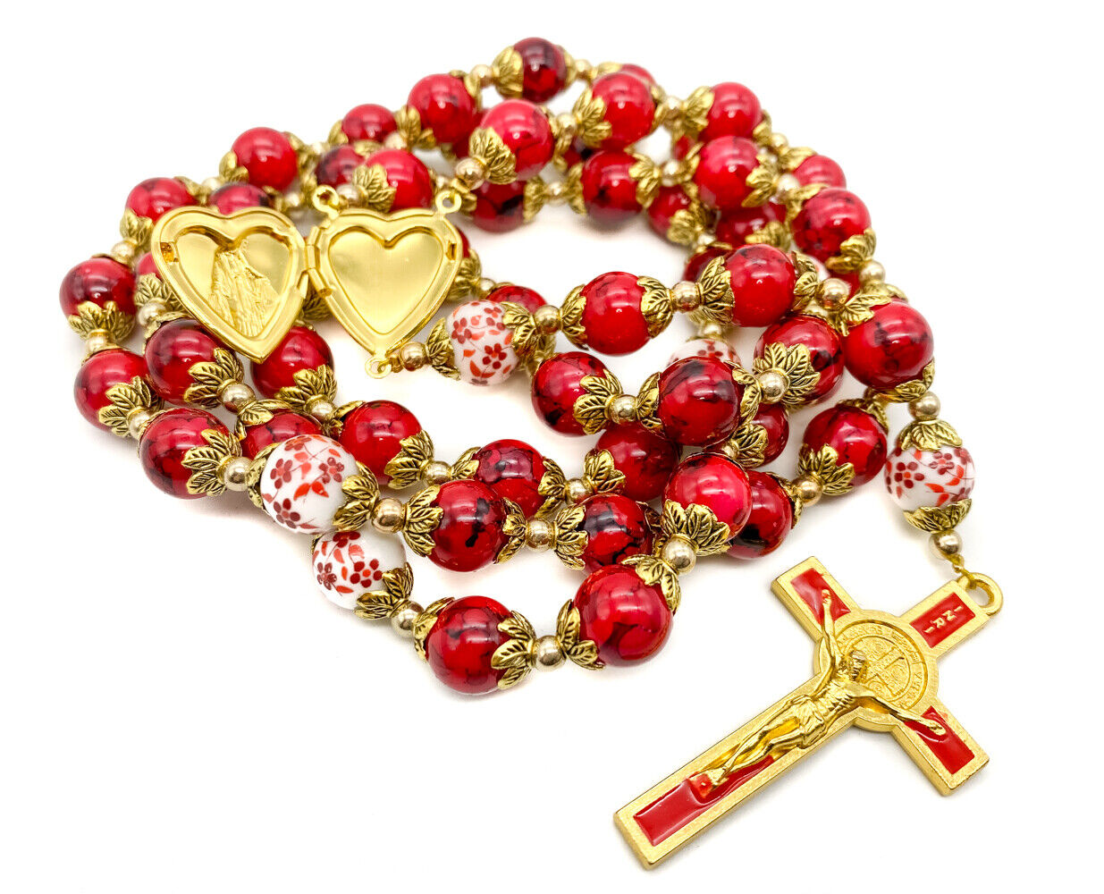 Red Flower Beaded St. Benedict Rosary Necklace with Miraculous Medal and Cross