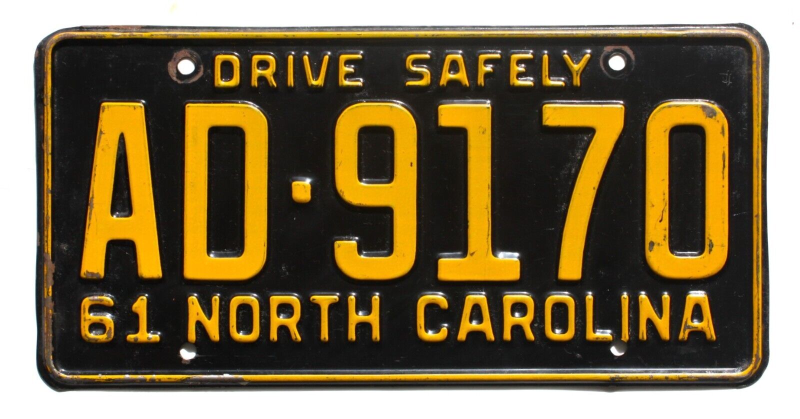 1961 North Carolina License Plate #AD-9170 Original Bright Yellow on Black Paint