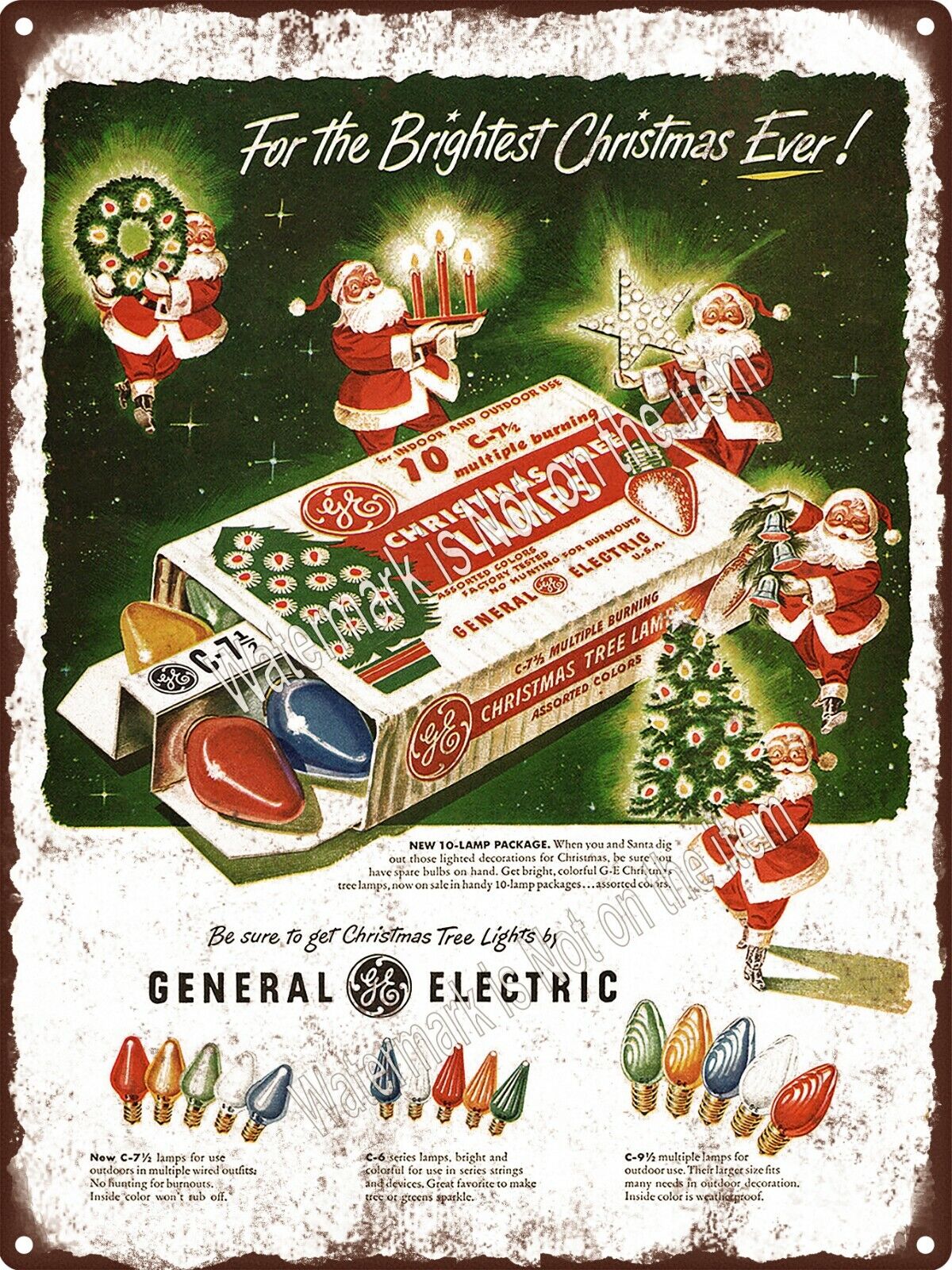 1951 GENERAL ELECTRIC Santa Christmas Tree Lamp Light Bulb Metal Sign 9x12\