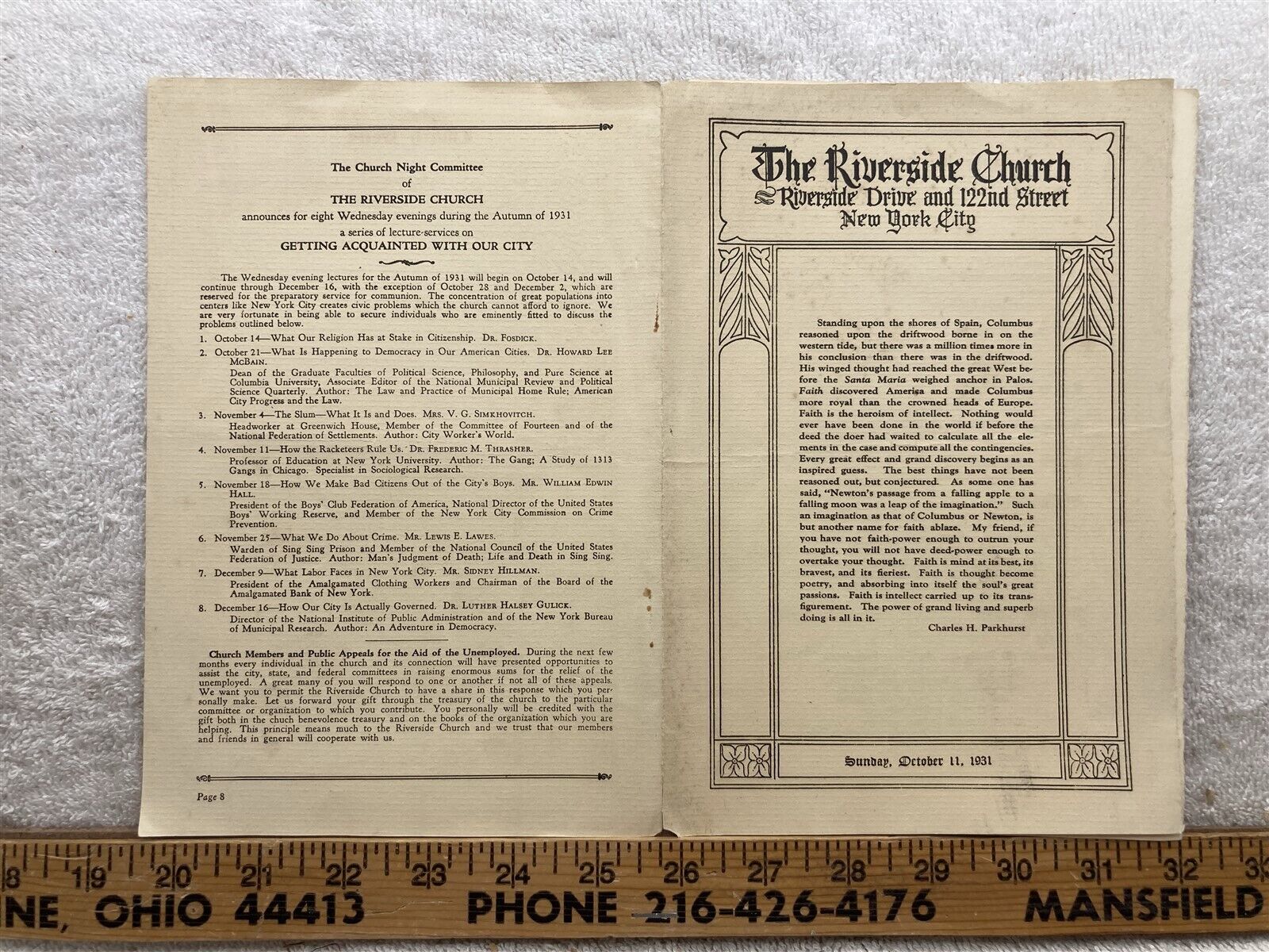 1931 October 11th Riverside Church Bulletin New York City NY Vtg