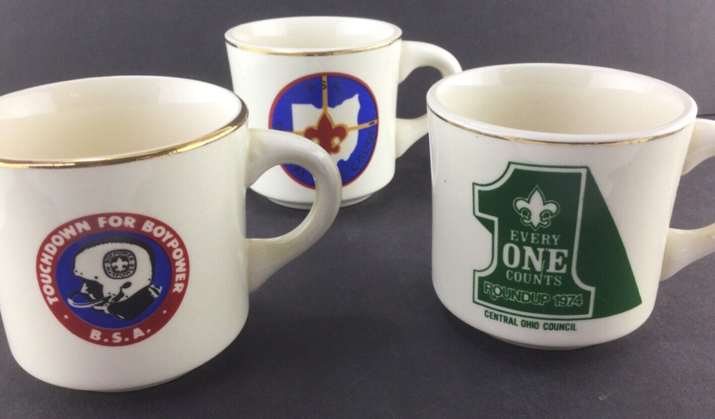 Vintage BSA Boy Scouts Mugs LOT of 3 Central Ohio Council Round Up 1974 Touchdow