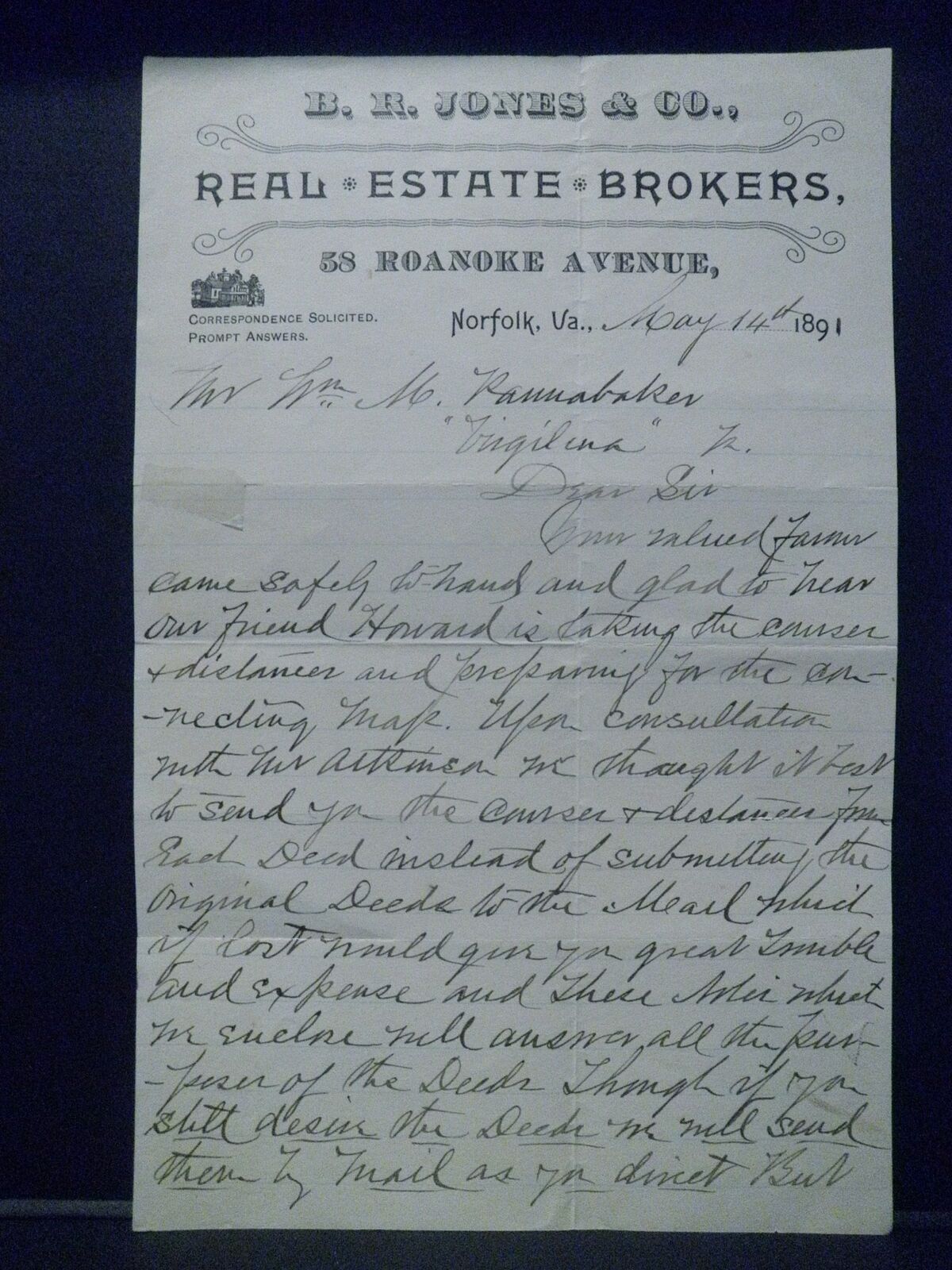 1891 - B. R. JONES REAL ESTATE BROKERS Virgilia Re Blue Ming Mine Deed Response