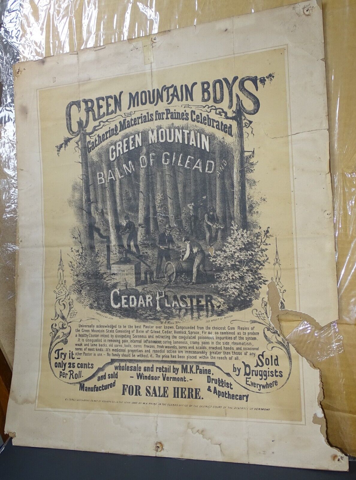 Green Mountain Boys Balm of Gilead Cedar Plaster Antique Poster (poor)