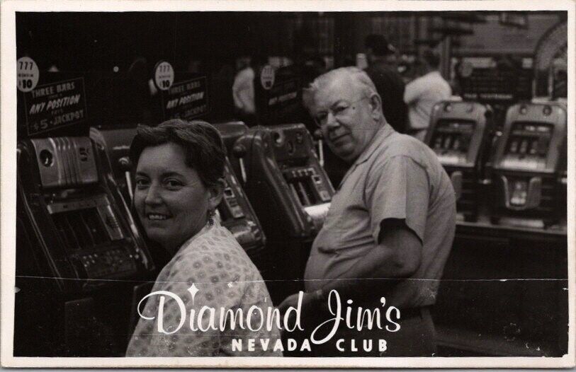Las Vegas Nevada RPPC Real Photo Postcard DIAMOND JIM\'S CLUB / Couple at Slots