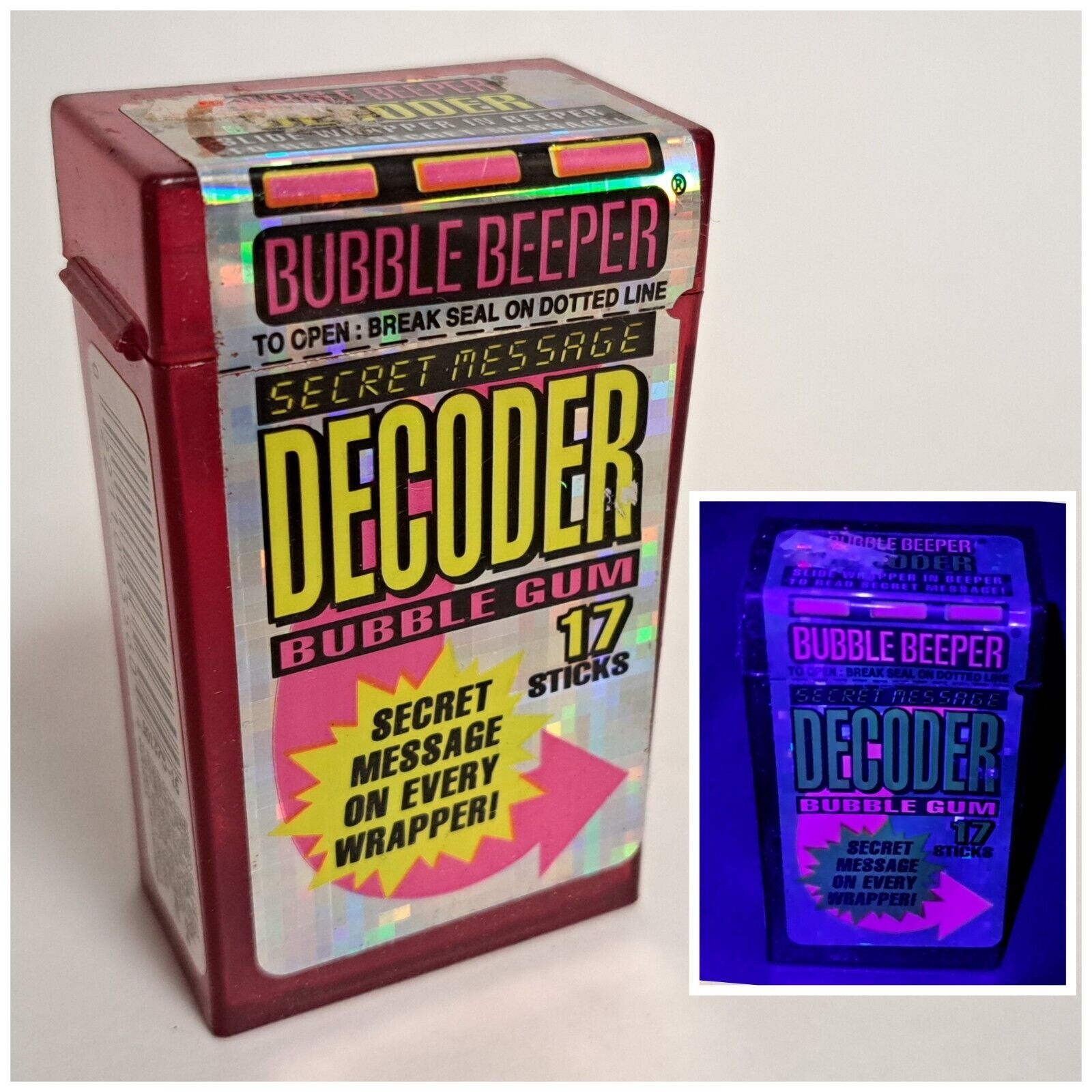 Vintage 1994 Bubble Beeper red gum candy clip container UV reactive 90\'s