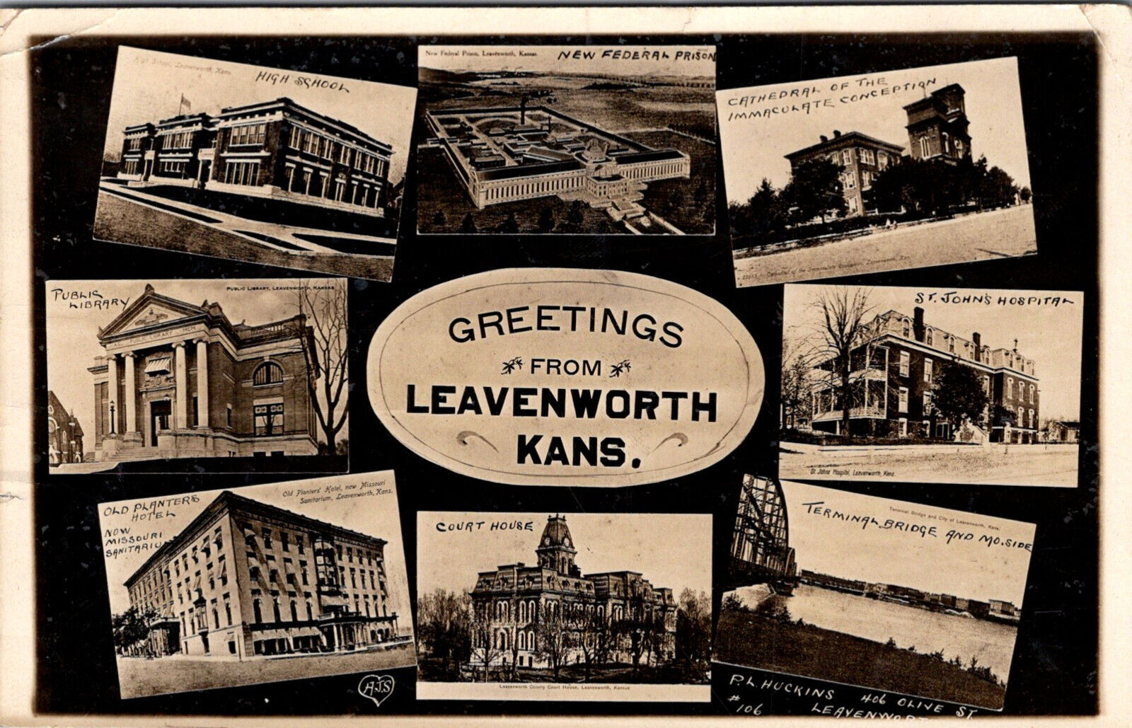 GREETINGS FROM LEAVENWORTH KANSAS MULTI VIEW OLD 1911 REAL PHOTO POSTCARD