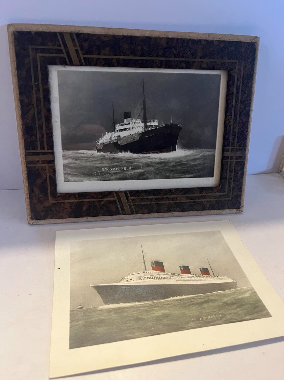 2 Ocean Liner Photogravure Pictures C1920\'s SS San Filipe MS Normandie