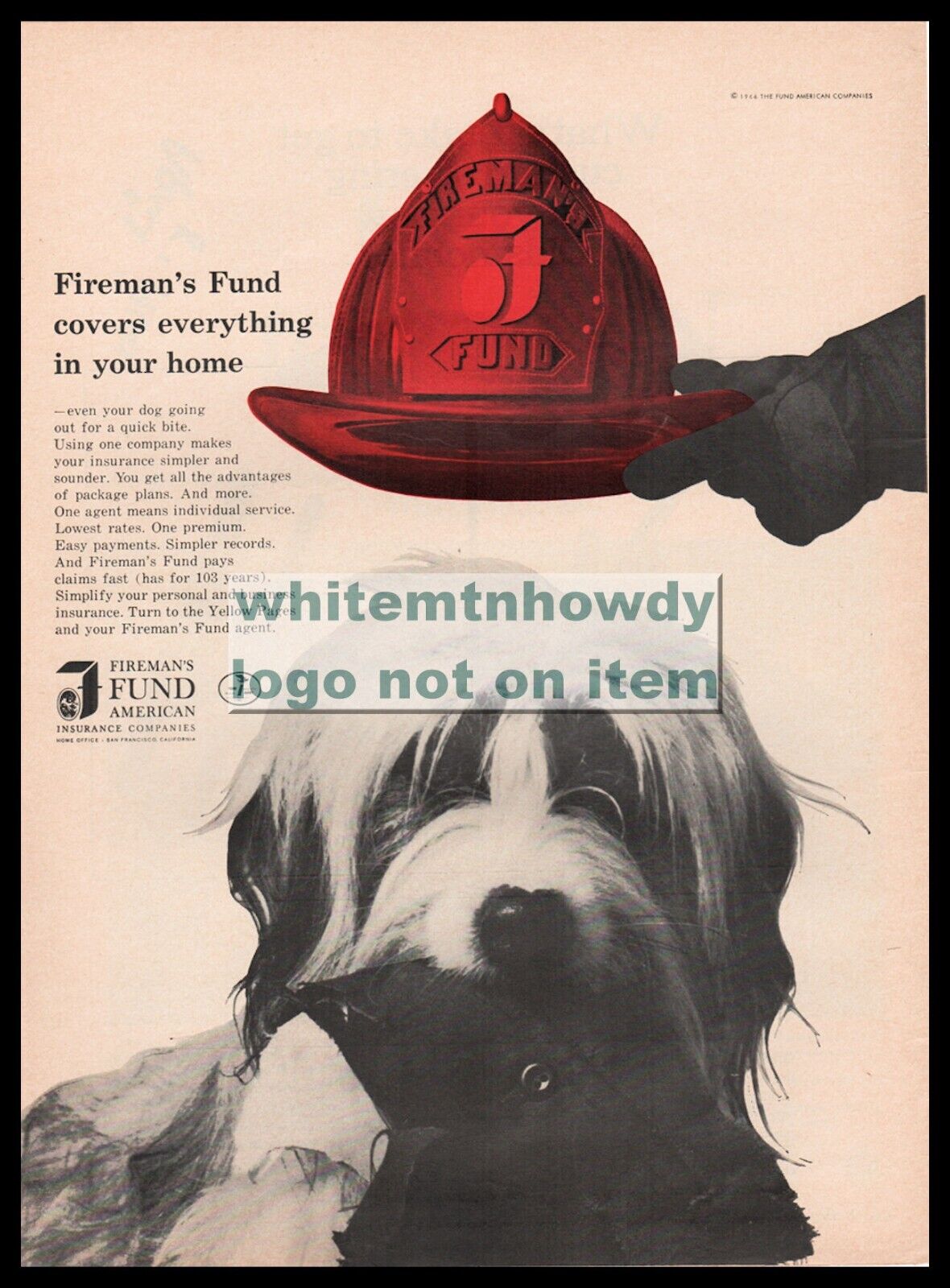 1961 BEARDED COLLIE under Firefighter\'s Helmet Fireman\'s Fund Insurance PRINT AD