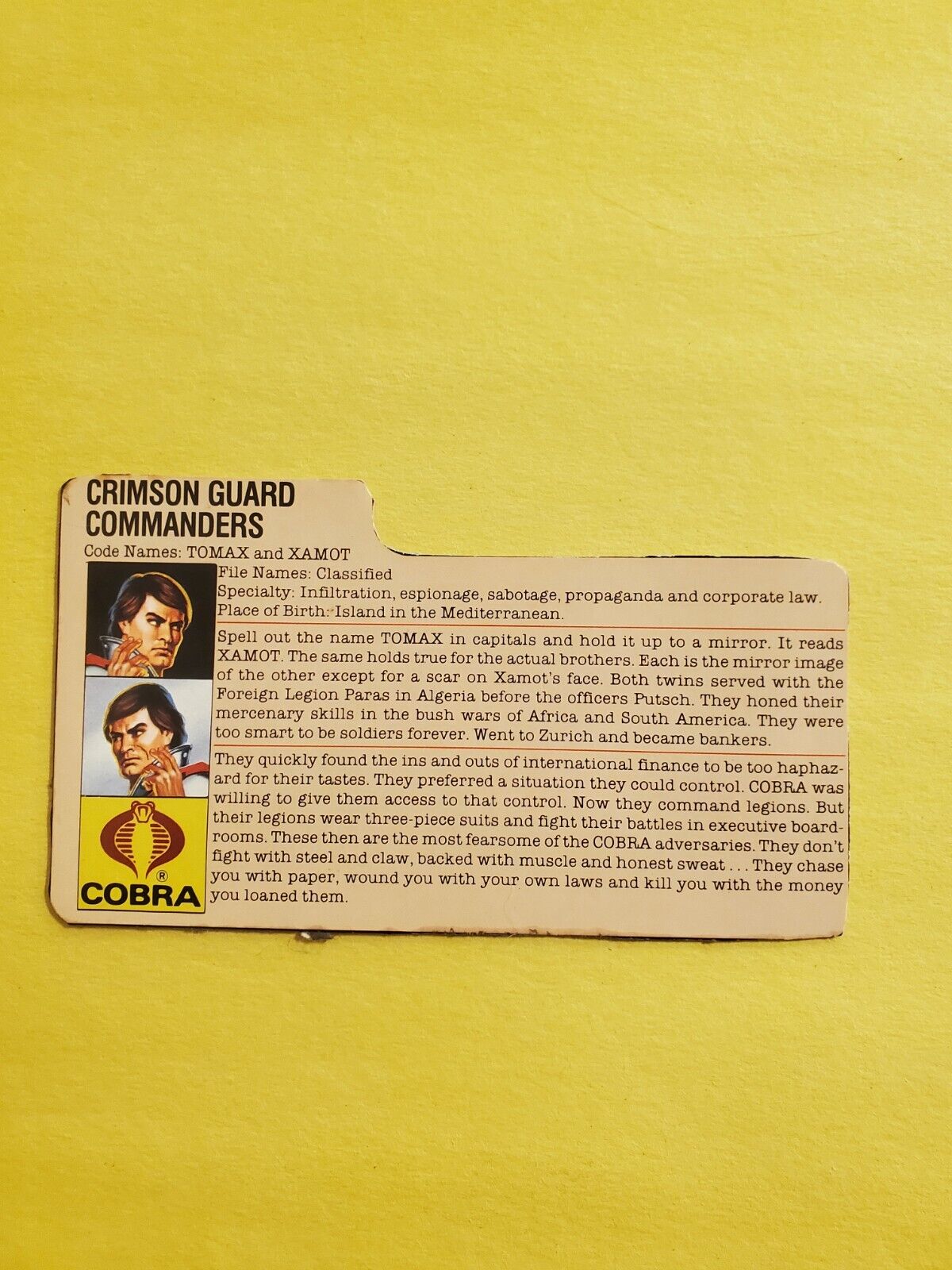 1985 GI Joe TOMAX & XAMOT Crimson Guard Commanders Vintage File Card 