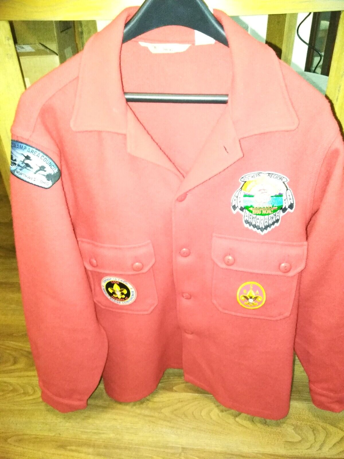 OFFICIAL BOY SCOUT RED  WOOL   CPO JAC W PATCHES EXCELLENT COND.