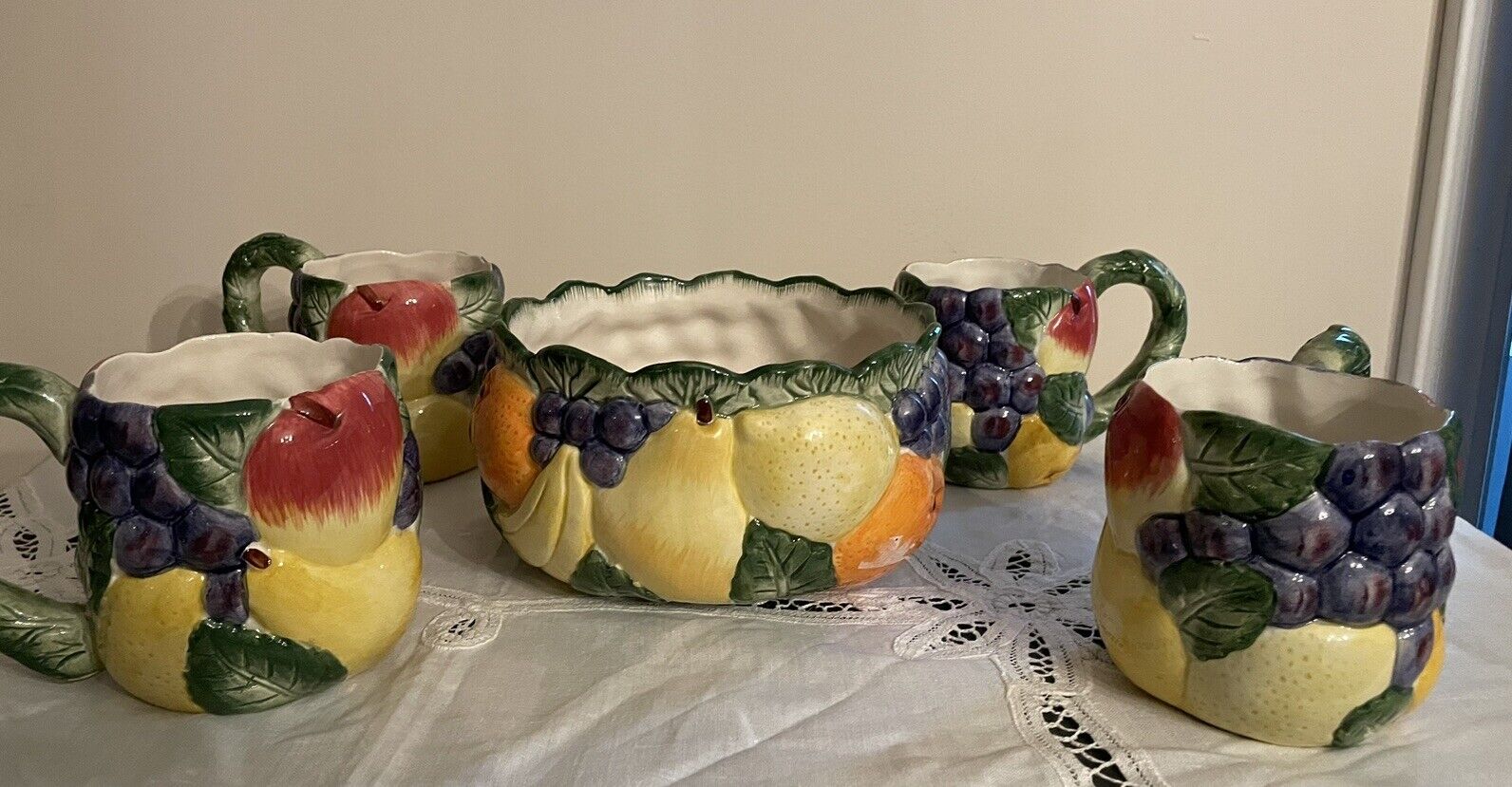 Vintage Fritz And Floyd Classics Calypso Fruit Bowl And Four Cups