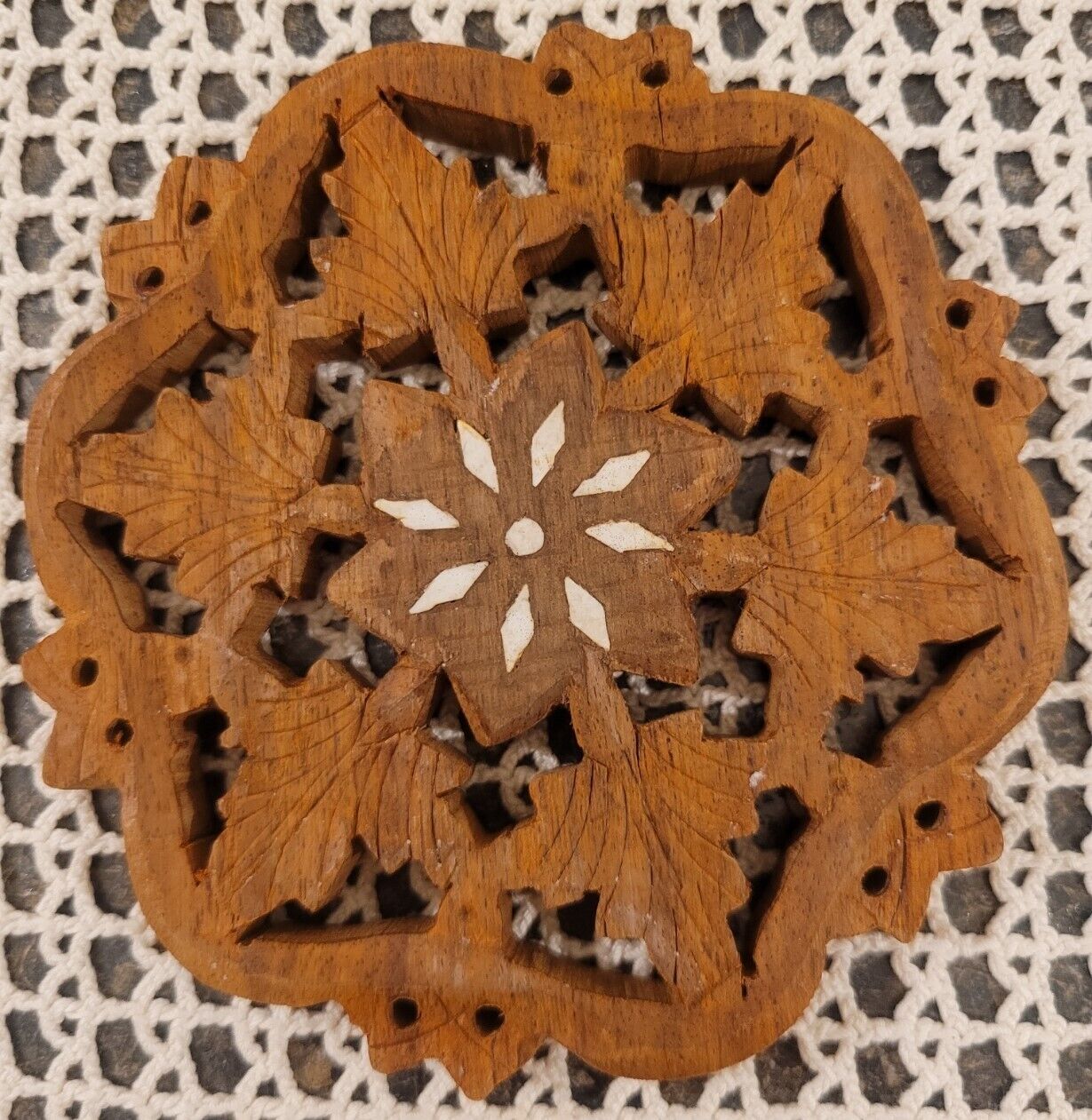 Hand Carved Inlaid Wooden Trivet Sheesham/Rosewood India Boho Hippie 1970s  5\