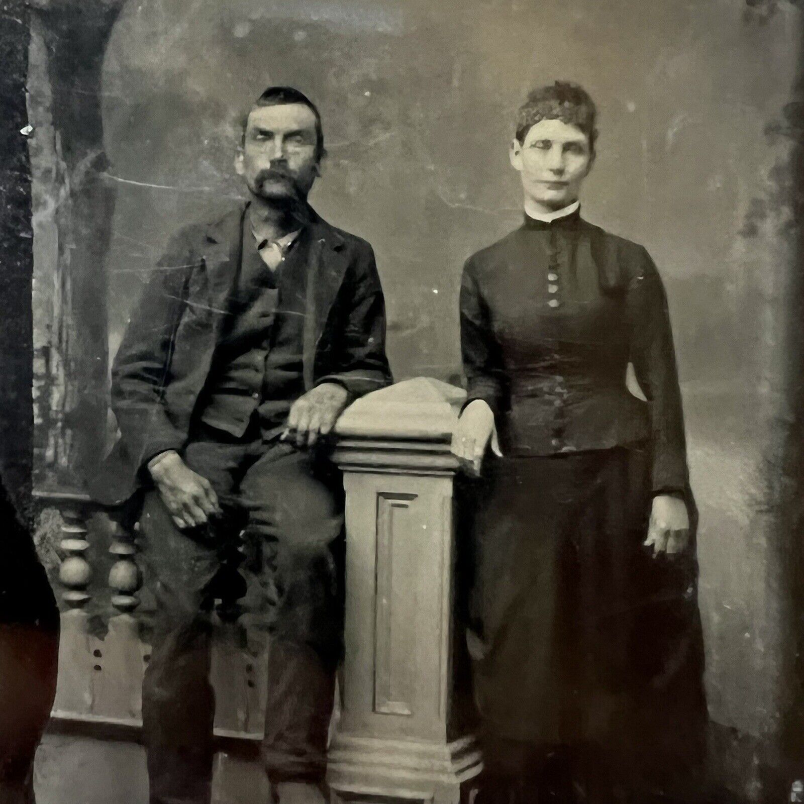 Antique Tintype Photograph Lovely Mature Couple Man Mustache & Woman