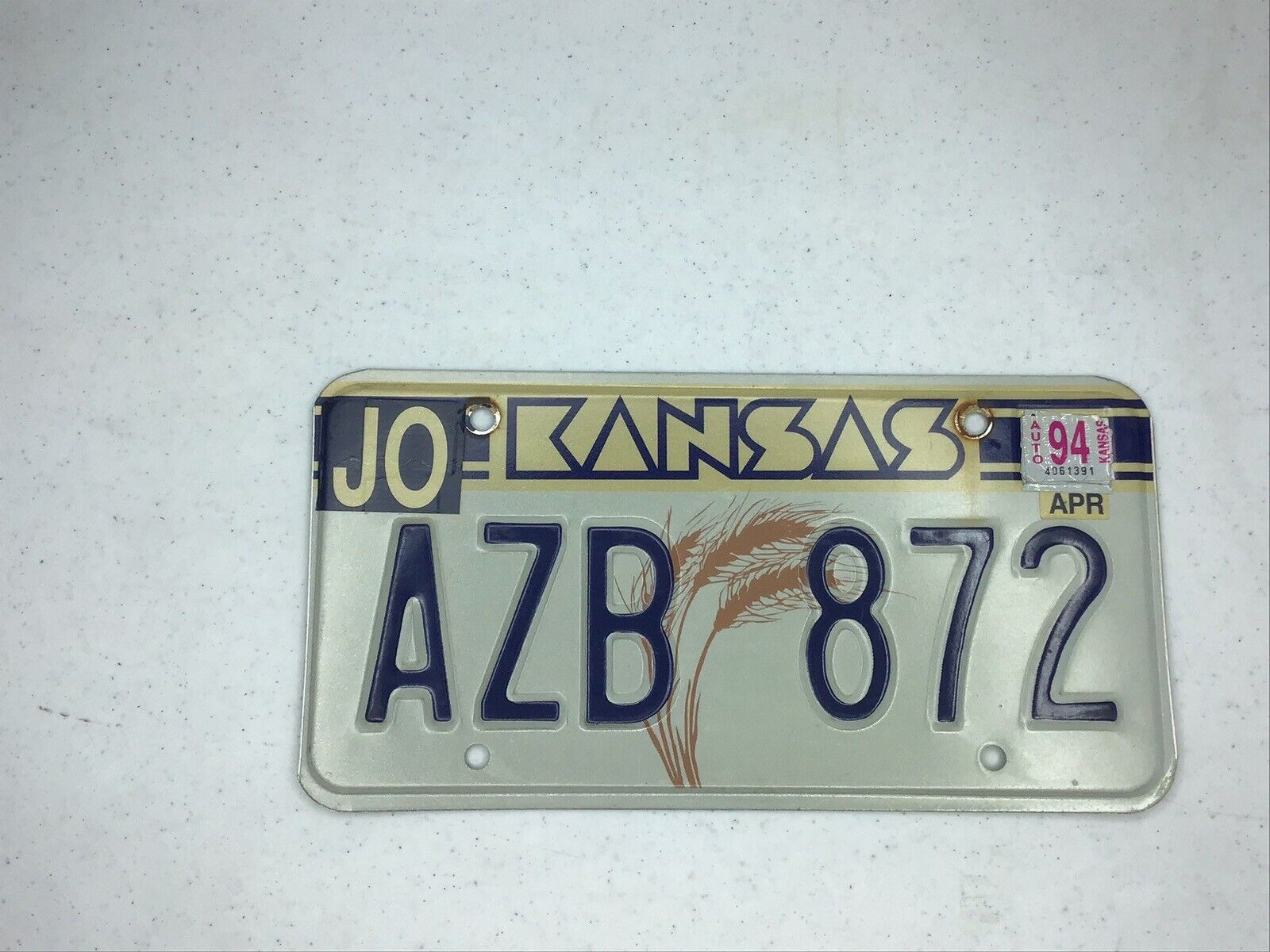 1994 Kansas Wheat License Plate AZB872 Johnson County April