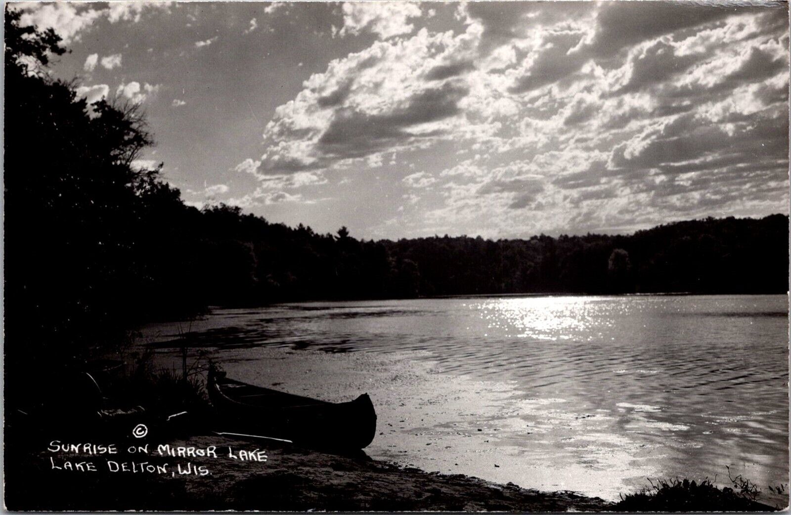 RPPC Canoe on Shore, Sunrise on Mirror Lake, Lake Delton WI Vintage Postcard V61
