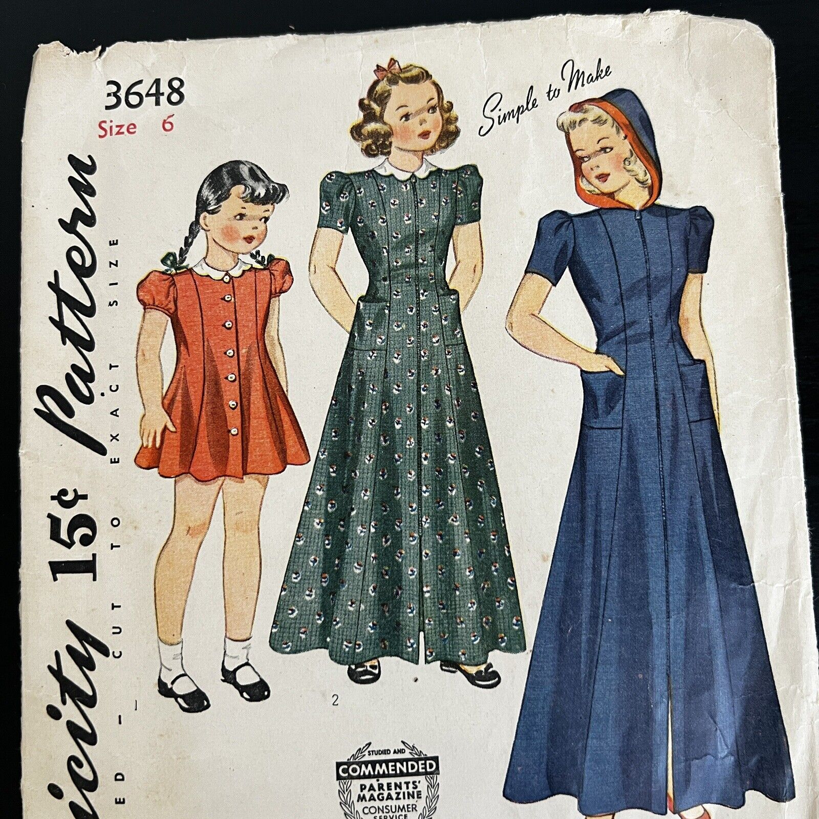 Vintage 1940s Simplicity 3648 Girls Seamed Dress Housecoat Sewing Pattern 6 CUT