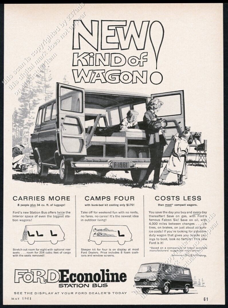 1961 Ford Econoline van camping family art New Kind Of Wagon vintage print ad