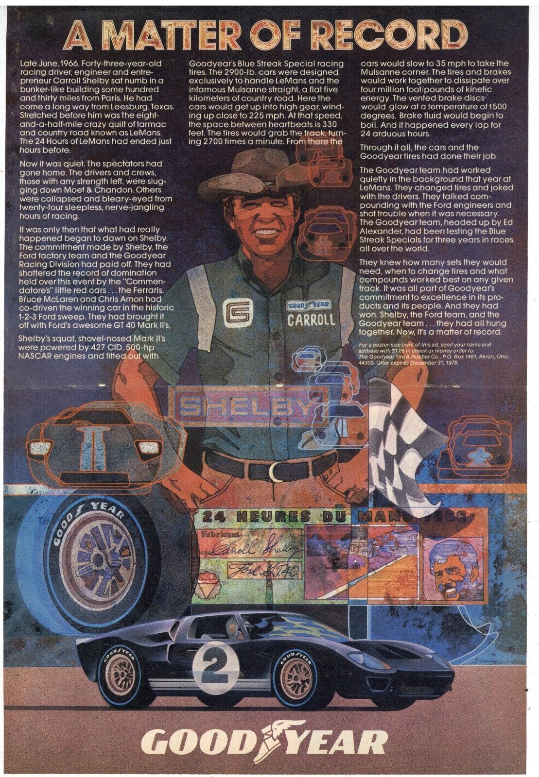 1978 Goodyear Tires True Centerfold Ad: Carroll Shelby & The Ford at LeMans Race