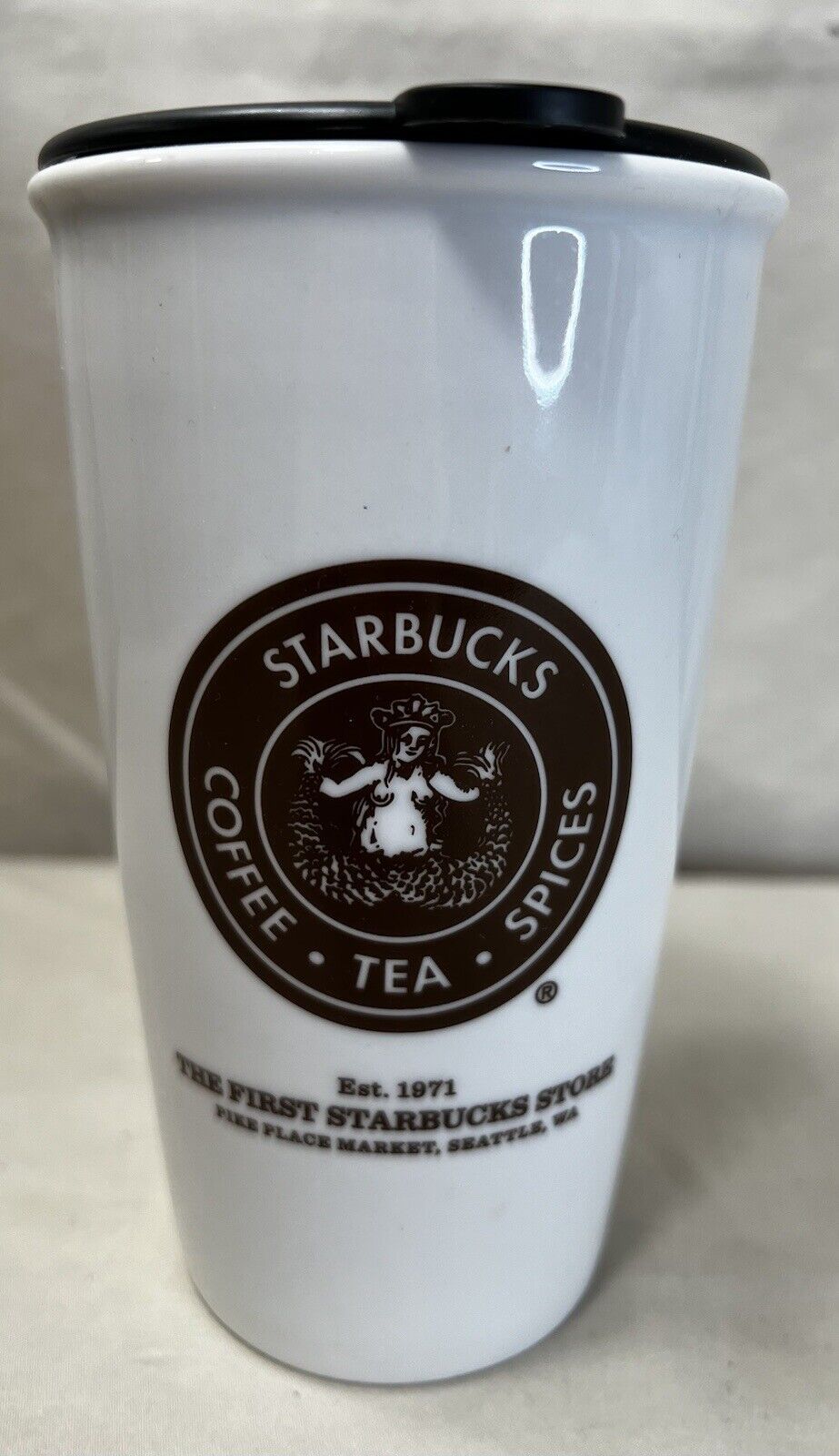 Starbucks 2014 12 Oz Ceramic Cup Mug Tumbler & Lid Brown Logo FIRST STORE