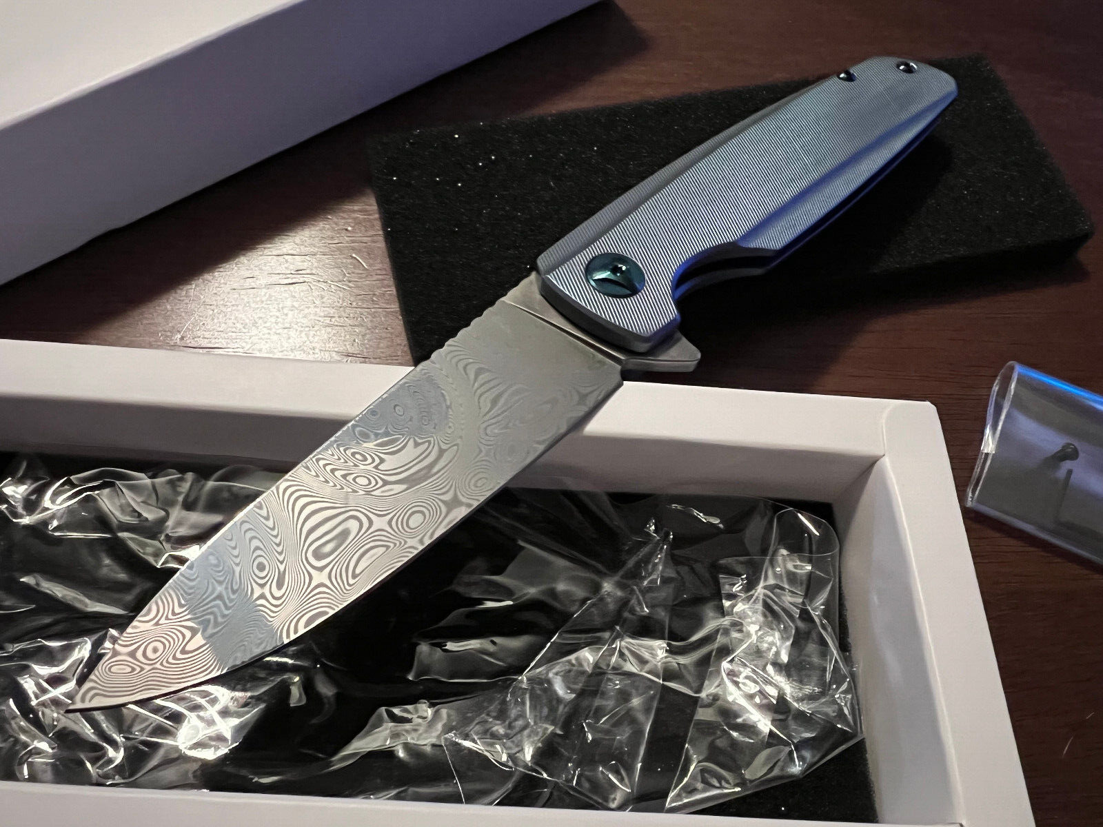 SMKE Knives Specter | Titanium Damasteel Folding Knife Blue Anodized New In Box