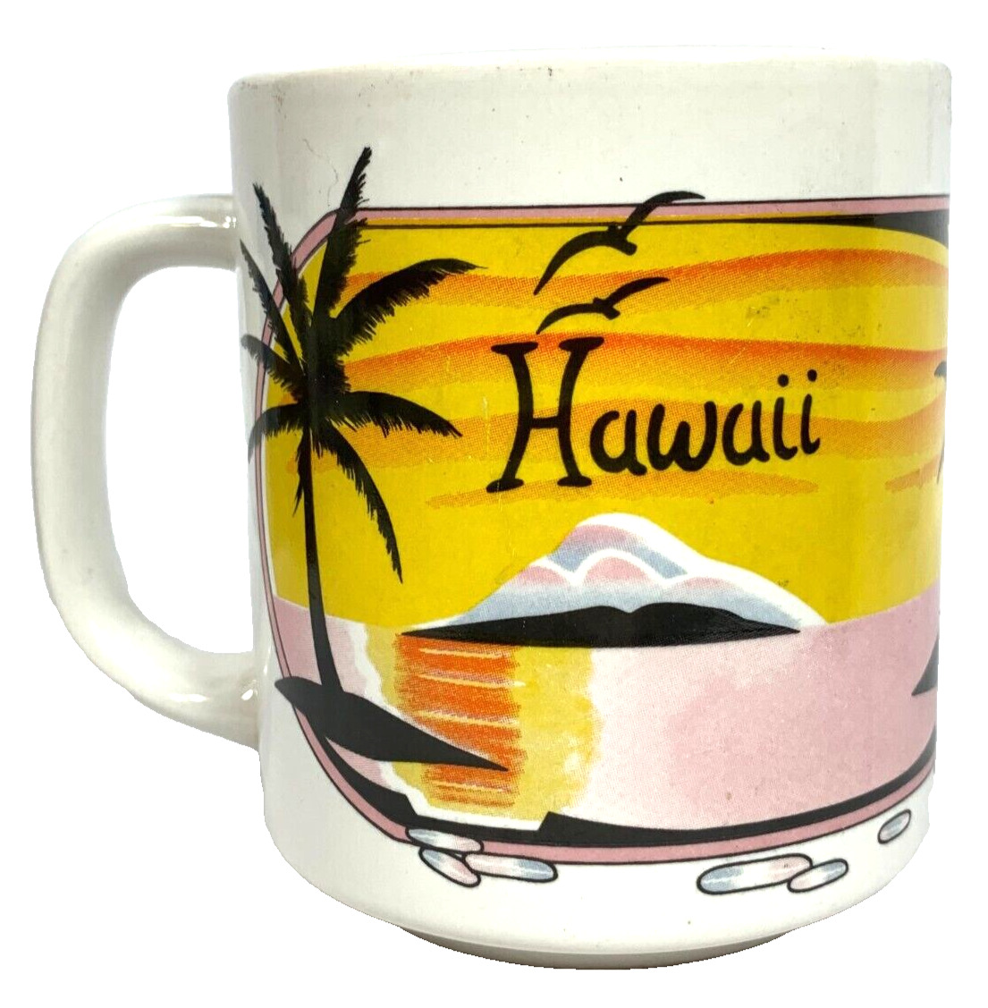 Vintage Hilo Hattie Hawaii Aloha Yellow Cup Mug Palm Tree Orange Sky Mountains