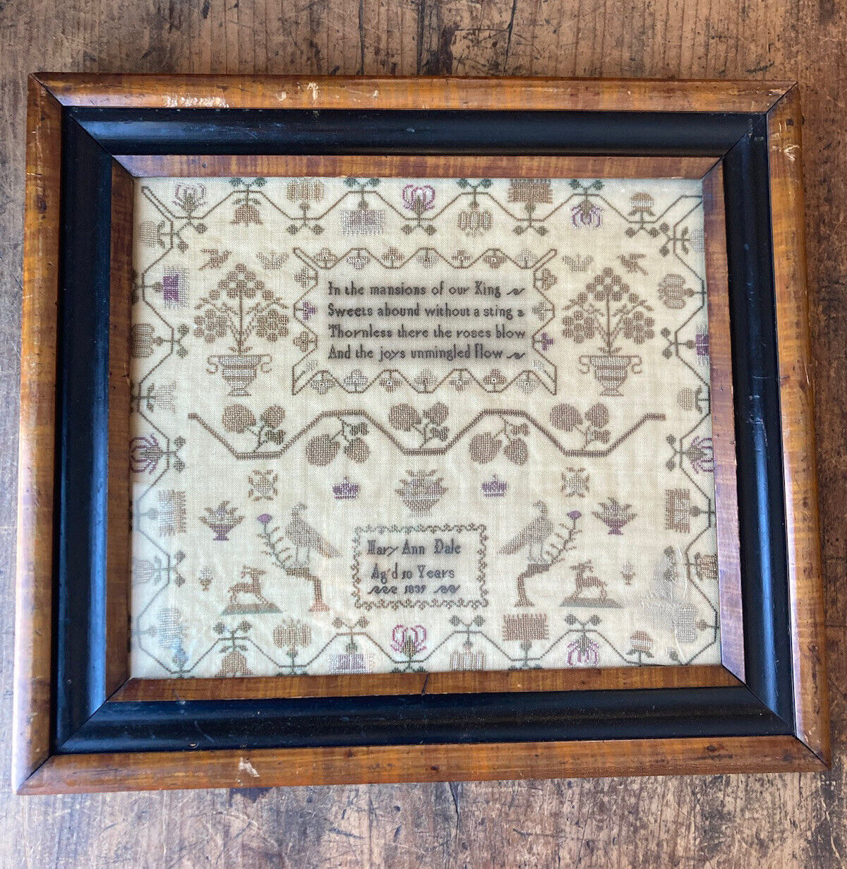Fancy Antique DATED 1839 Needlework Sampler Highly Figural Mary Ann Dale