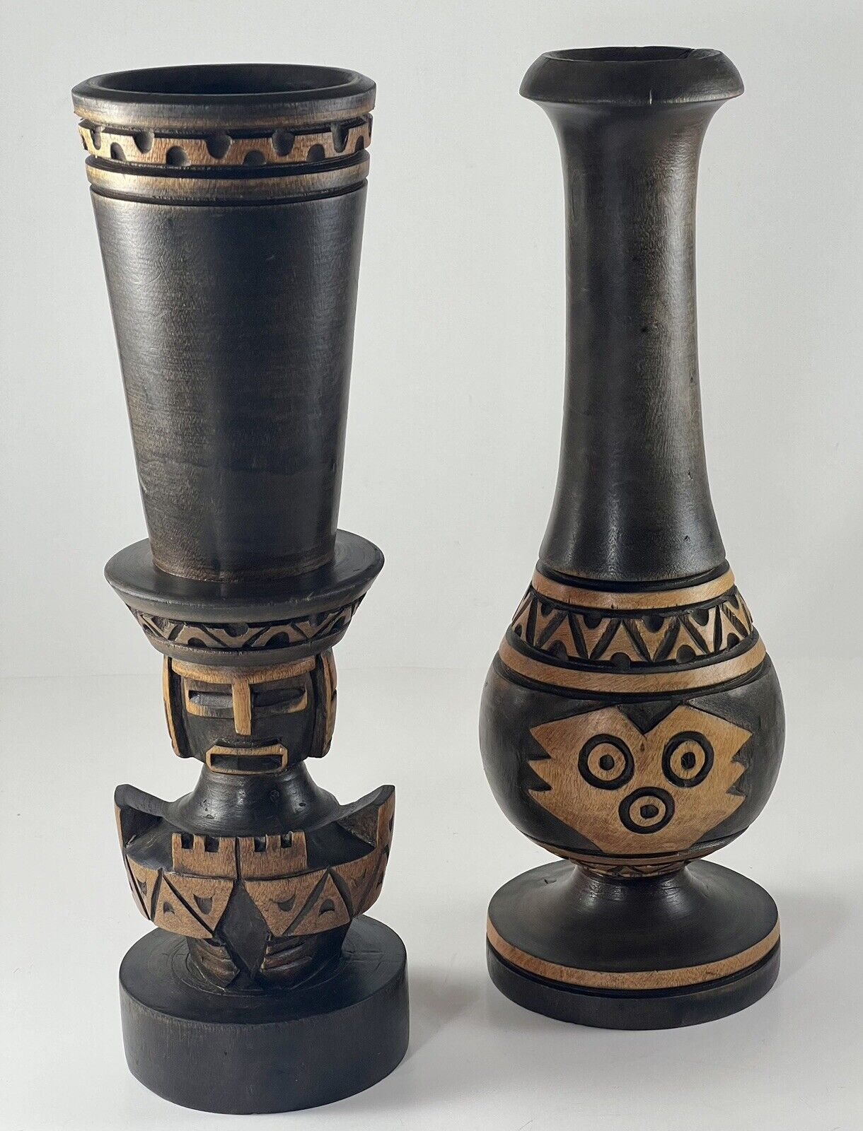 Vintage Handmade Wooden Carved Statue Vases Engraved Figurines/Tribal Decor/Tiki