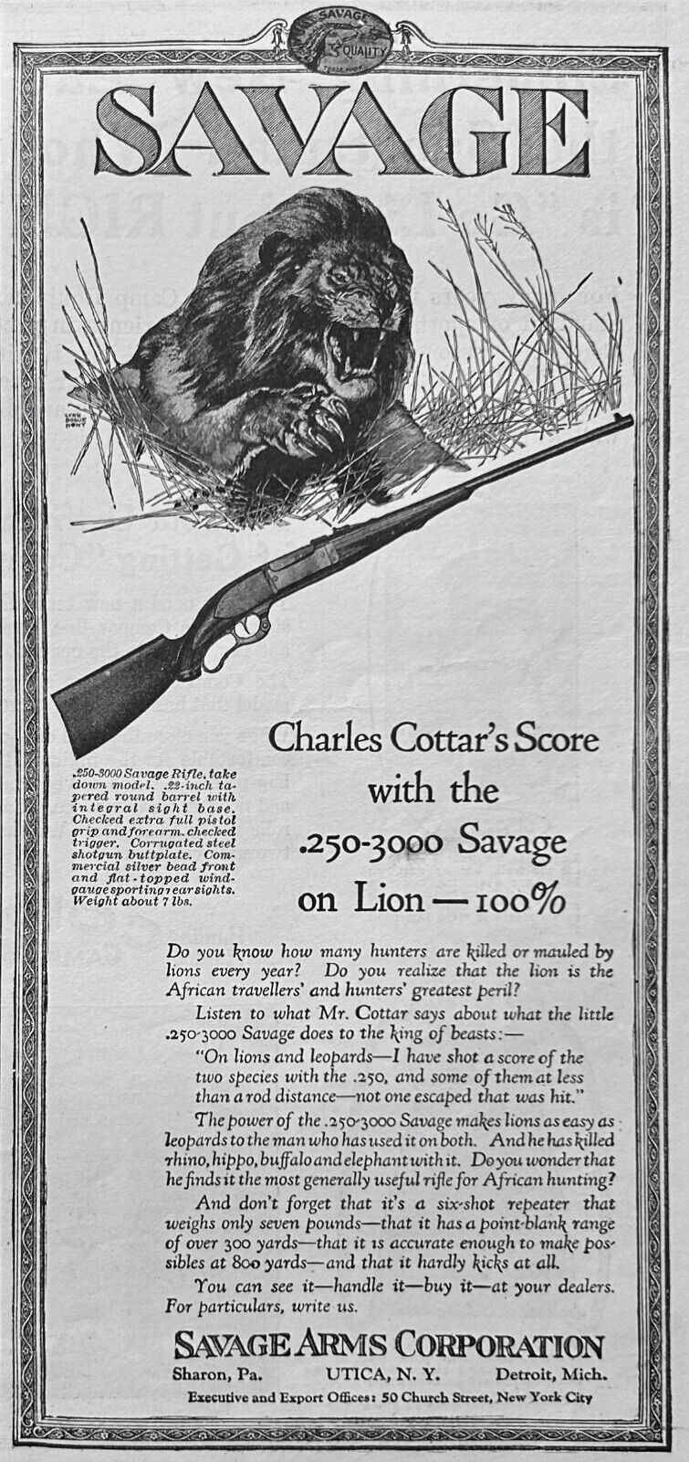 Savage Arms Co Ad 1920 Utica NY.250-3000 Savage Six Shot Repeater Charles Cottar