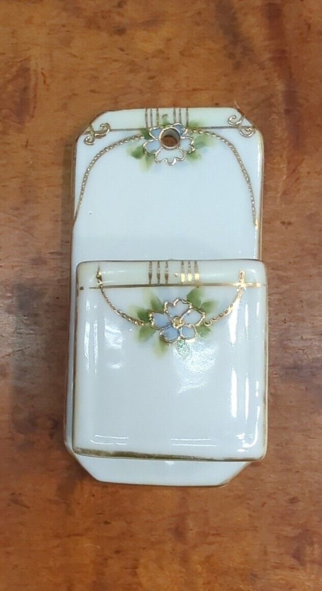 Antique Nippon Porcelain Gold with Blue Floral Match Book Holder Hand Painted