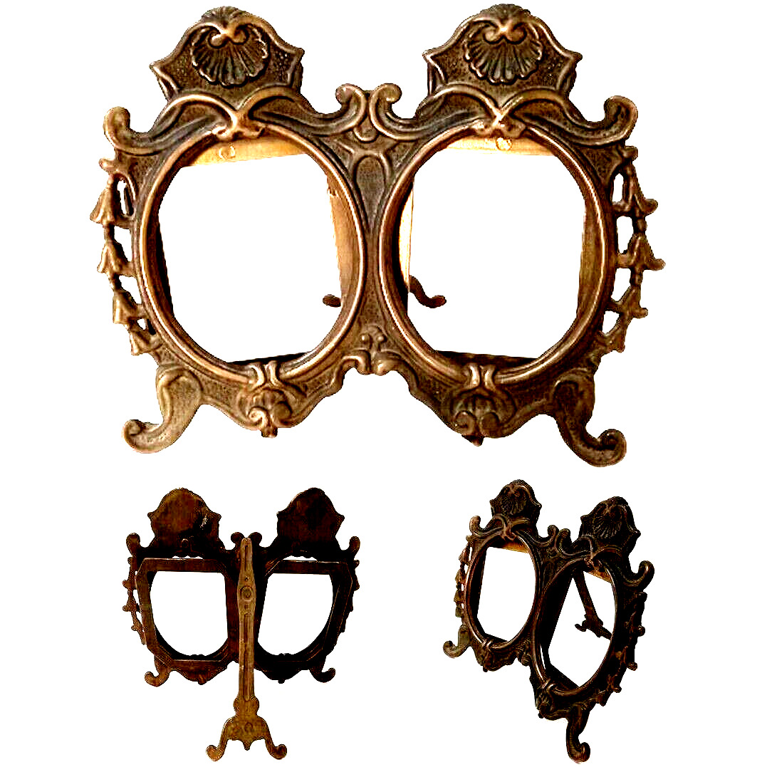 Victorian Antique Vanity Brass Photo Ornate Easel Double Picture Frame Italy Old