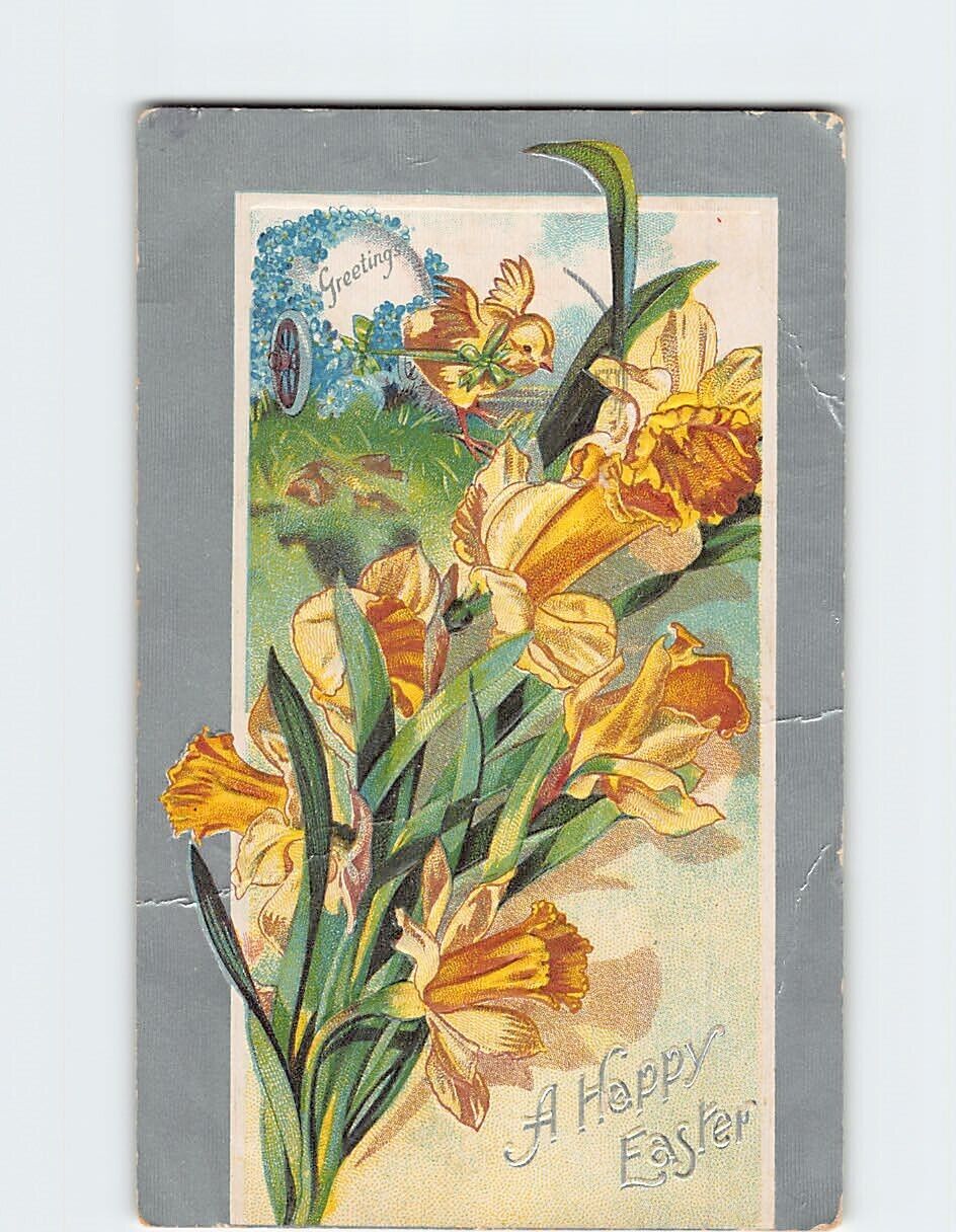 Postcard A Happy Easter with Easter Birds Flowers Embossed Art Print