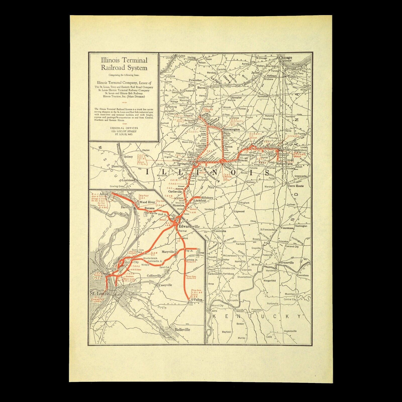 Vintage ILLINOIS TERMINAL Railroad Map Antique Illinois Railway Map ca 1932