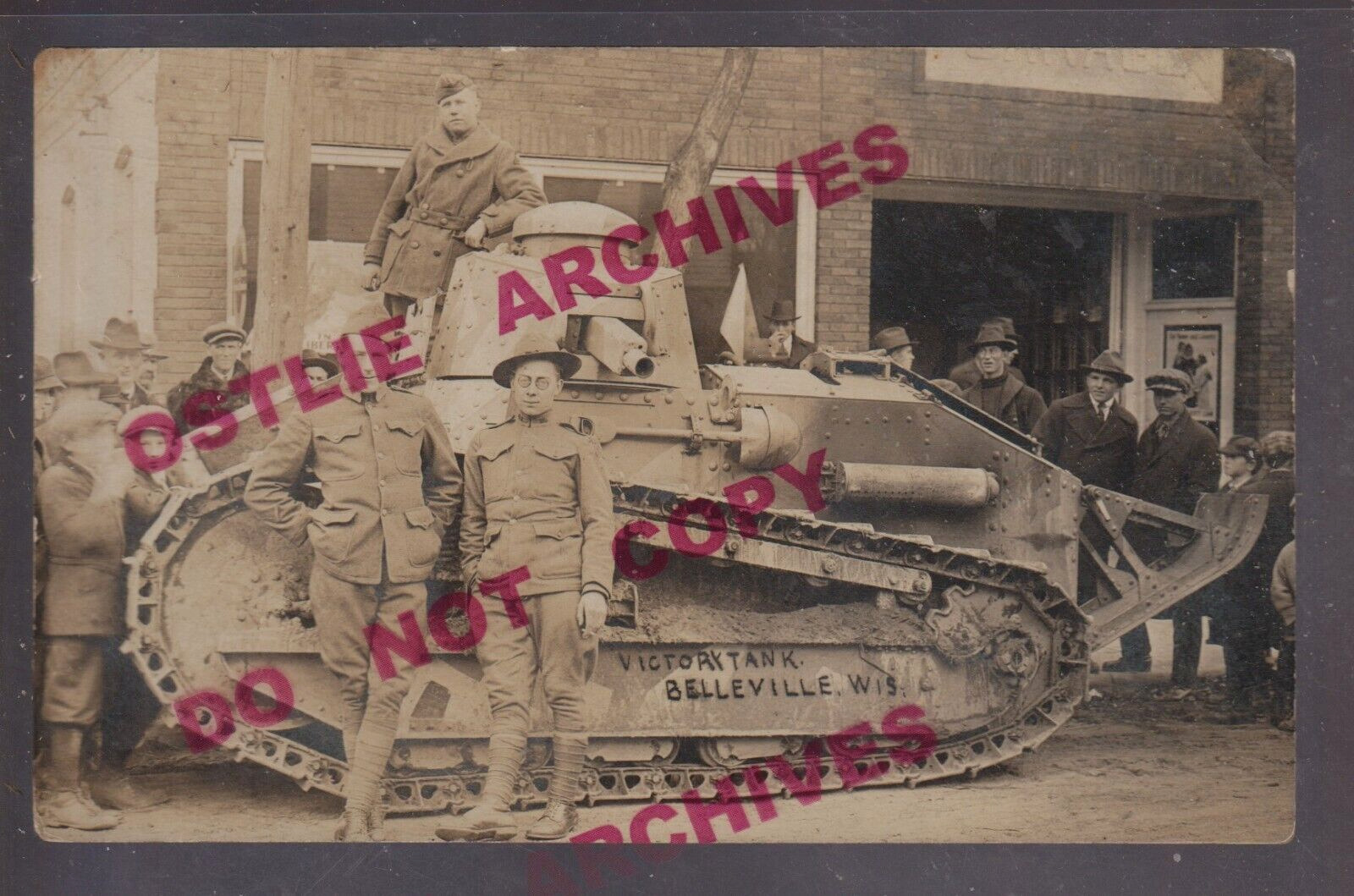 Belleville WISCONSIN RPPC c1918 US ARMY TANK Main St WW1 VICTORY TOUR nr Madison