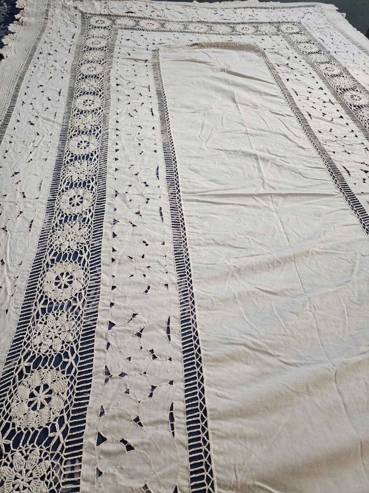 Vtg Large White Handmade Crochet & Linen Formal Tablecloth 108 x 64